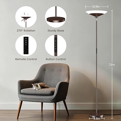 Miniatura 33 de Torchiere - Lámpara de pie LED de 72 pulgadas de alto con control remoto/botón, 1800 lm, 3000-6500 K, 30 W regulable moderna lámpara de piso de Negro