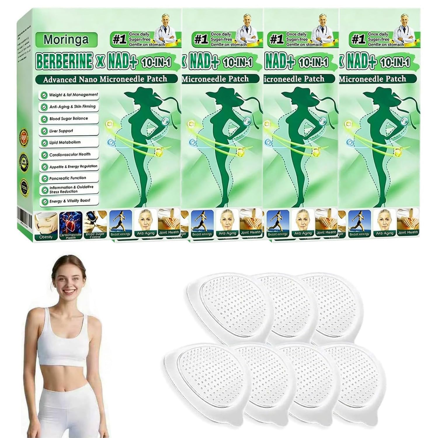 Moringa 10 en 1 Parches con Nano Microaguja y Berberina para Adelgazar, Parche Natural 2026, 4 Cajas