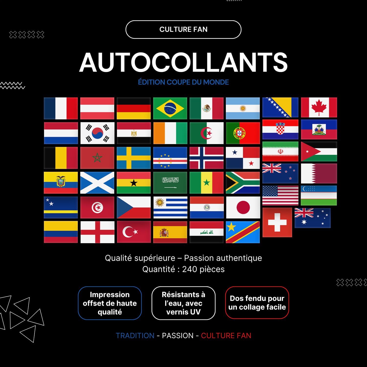 Set d’autocollants Coupe du Monde 2026 – 240 stickers (5x chaque drapeau) – Drapeaux de toutes les équipes – résistants à l’eau & aux UV – pour voiture, ordinateur portable & fan zone