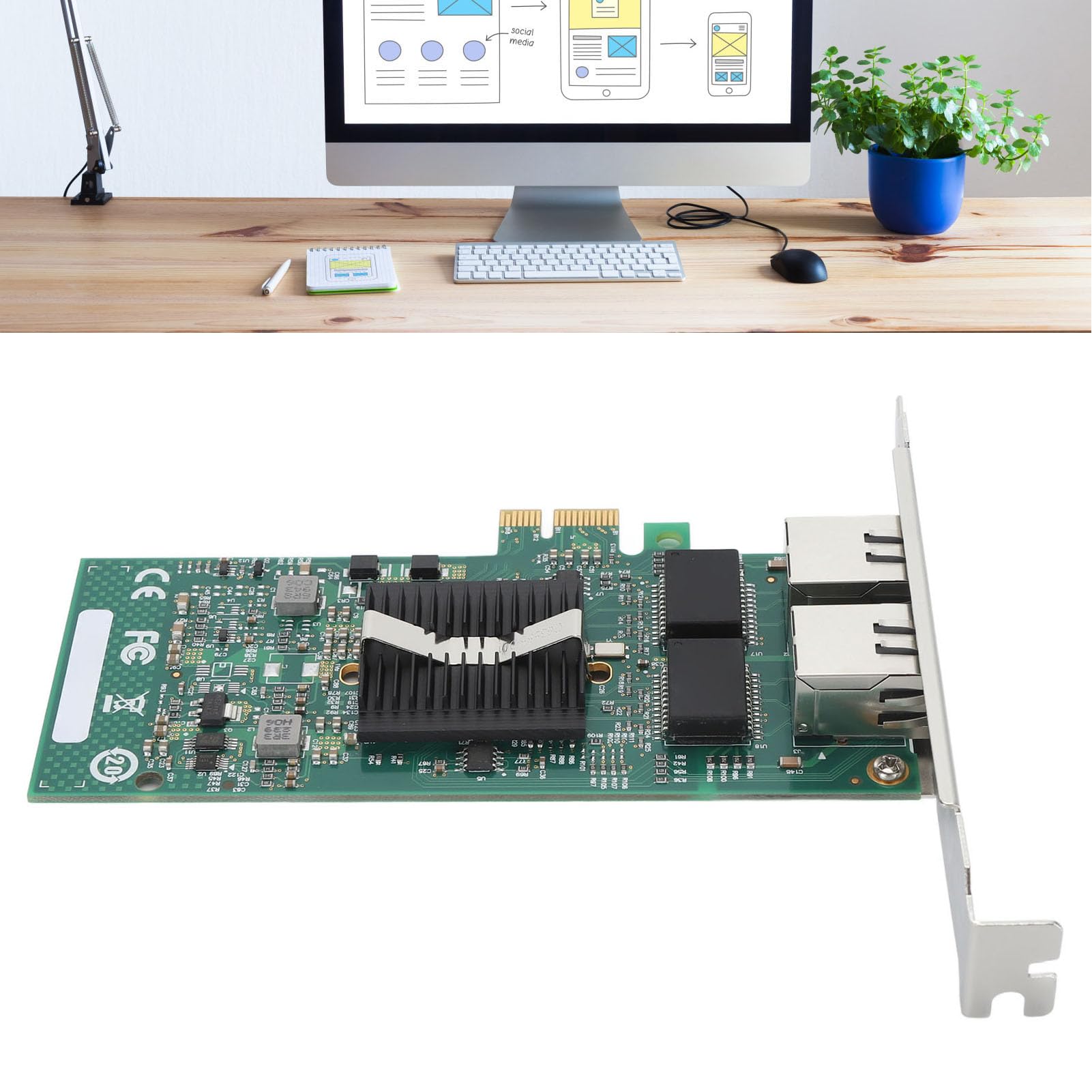 Carte Réseau RJ45, Carte Réseau Gigabit PCIE X1 Double Port 10/100/1000Mbps avec 2 Ports Ethernet RJ45 avec 4 Indicateurs LED