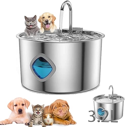 Dog Water Fountain, 3.2L108oz1.8g Quiet Pawdrate Filtered Water Fountain with 2 Filters, Automatic Dog Water Bowl Dispenser with Water Window & LED,