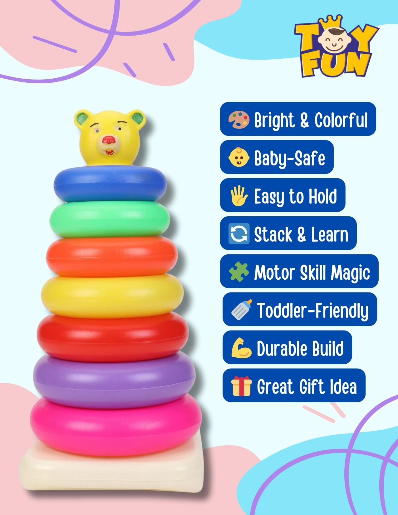 TOY FUN Stacking 7 Rings for Kids | Multi Colour Toddler Activity | Non Toxic Safe for Kids - Image 3 thumbnail