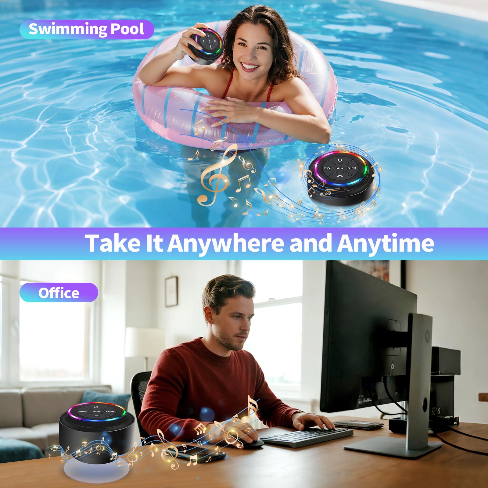 Bluetooth Duschlautsprecher, Tragbare Bluetooth Lautsprecher mit Saugnapf, IP67 Wasserdicht Lautsprecher mit LED Licht, Kabellos, Schwimmend, für Camping Strand Reisen, Geschenk für Männer
