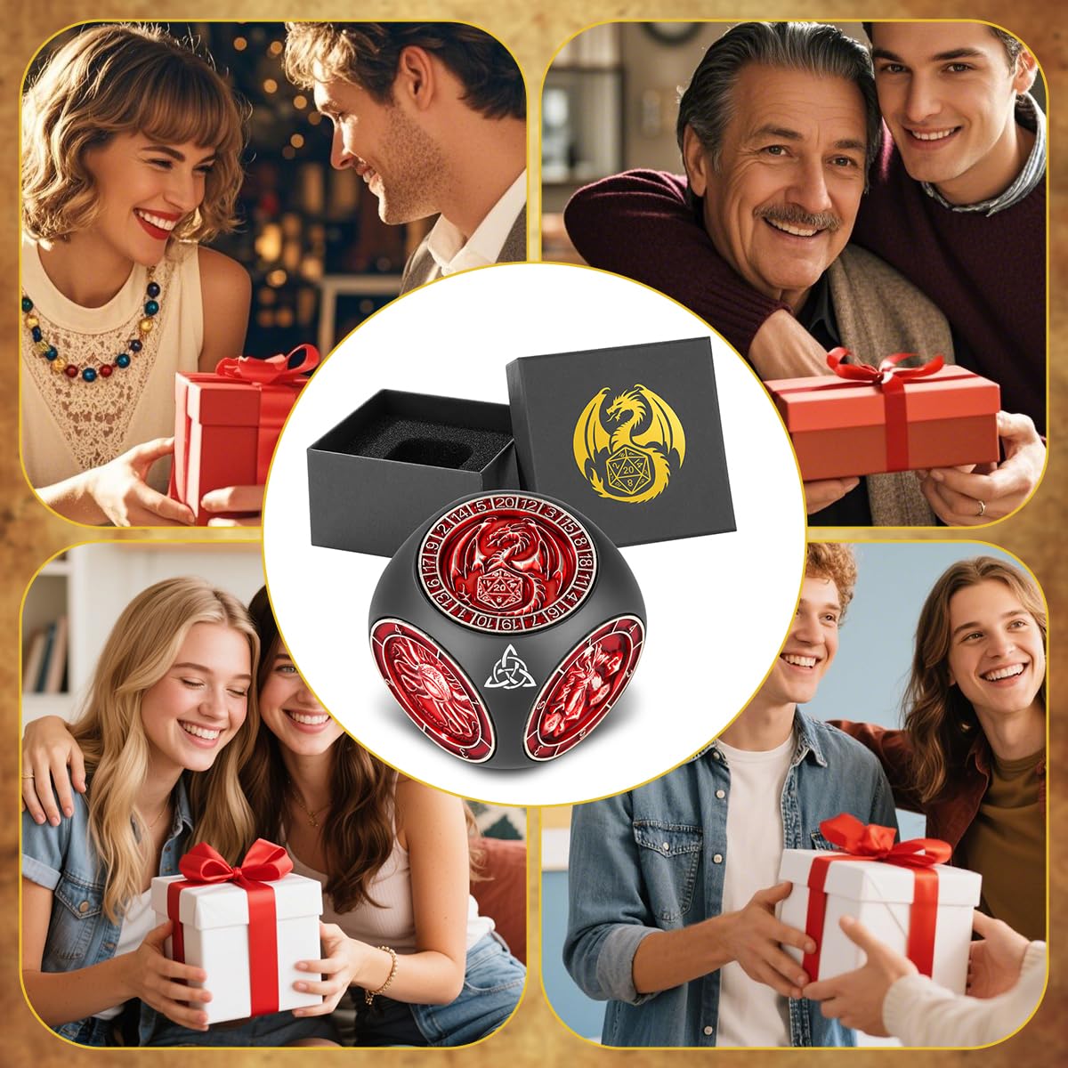 DND Rotanti Dadi Spinner, 7-in-1 Dadi in Metallo con Rilievo 3D, Dadis Poliedrici Rotanti D&D, Regali DND con Scatola Regalo con Logo Drago, Giochi di Ruolo, Accessori per Giochi da Tavolo, Nero+Rosso