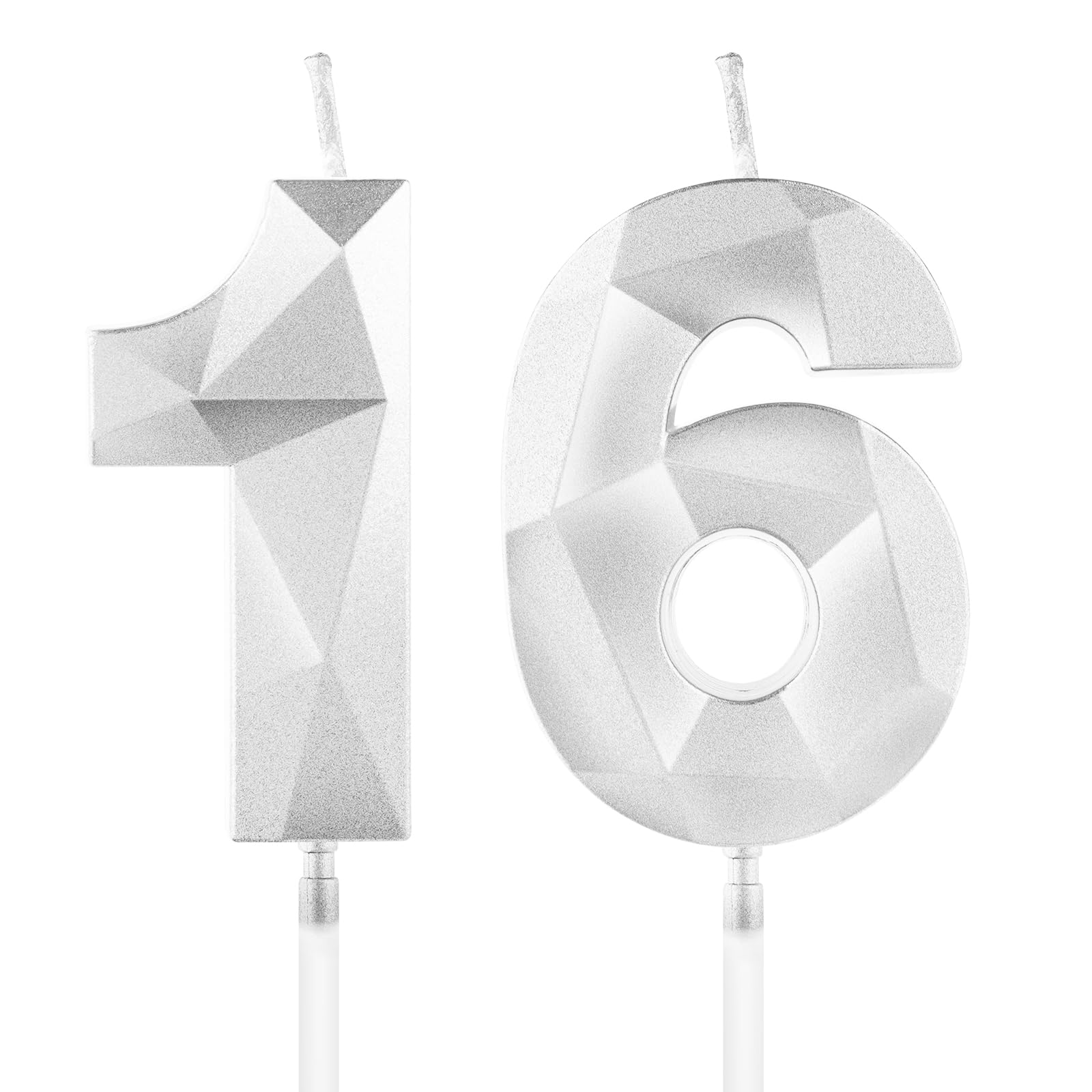 Geburtstagskerzen Silber Zahlen 16-3D Silberne Kerzen für Geburtstagstorte, Geburtstagsdeko (Zahlenkerzen, Tortenkerzen) für Geburtstagsparty und Feiern, Nummer 16