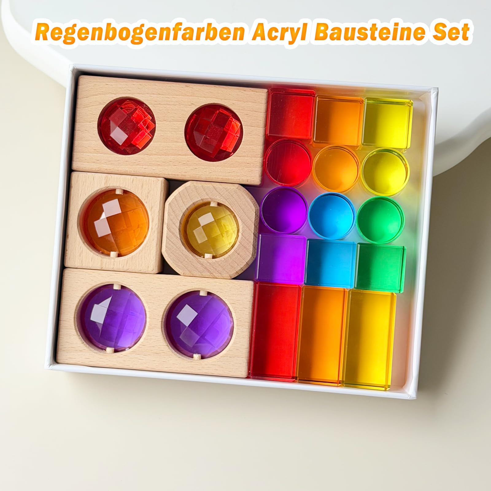 Acryl Bausteine Set, 19-teilig lichtbausteine, Stapelbar für Lichteffekte | Transparente Acryl Bausteine Würfel, Quader, Zylinder & Holz-Gem-Würfe, Sensorik Förderung bei Kindern (Rainbow)