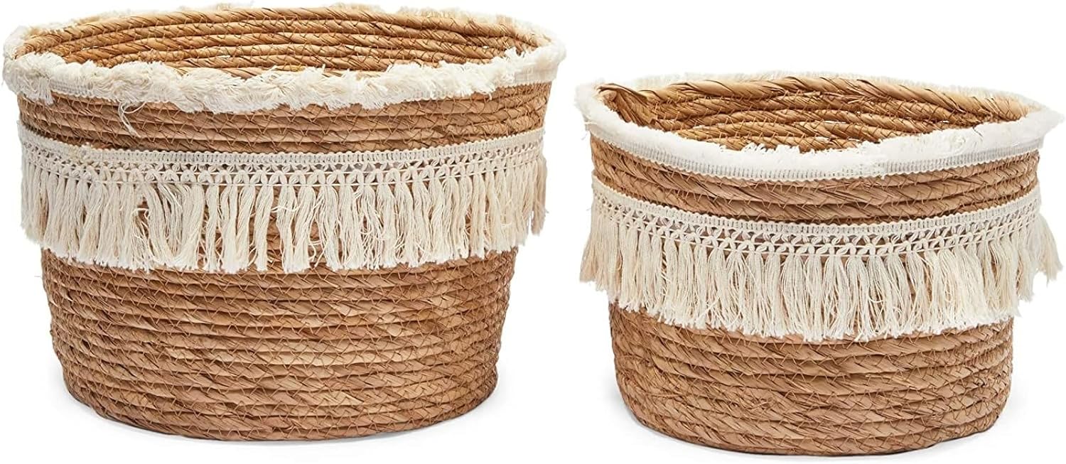 Boho Natural Woven Round Storage Baskets with Fringe, Set of 2