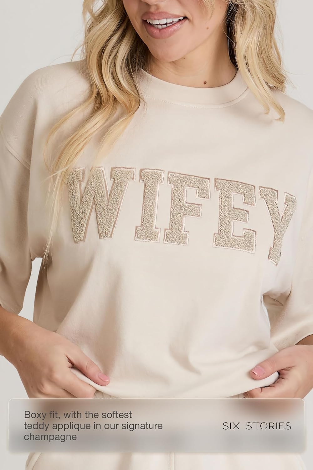 Six Stories | Wifey Collegiate-Inspired Tee with Soft Teddy Appliqué | Boxy Fit Soft Lounge T-Shirt in Champagne - Image 2