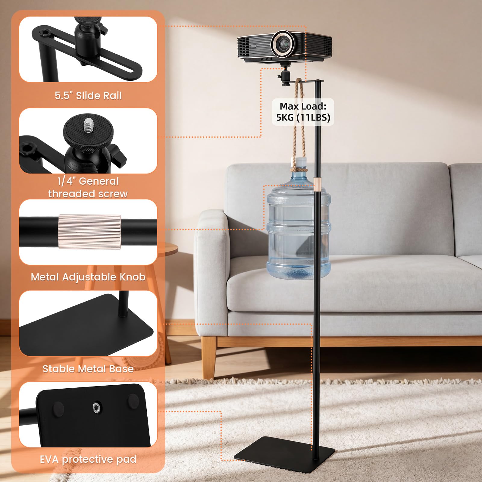 Support de projecteur pivotant 360° hauteur réglable 40-160 cm filetage 1/4" acier au carbone