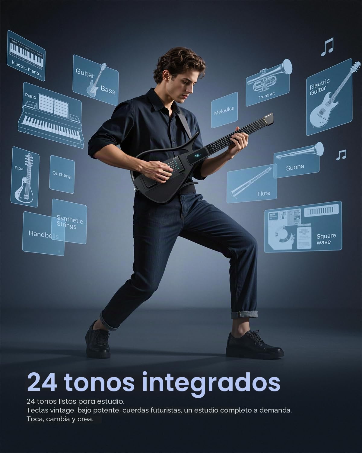 Enya CYBER-G Guitarra Inteligente con Cuerdas de Silicona y APP | 24 sonidos integrados, altavoz, sistema de percusión, app con acordes interactivos para adultos y jóvenes