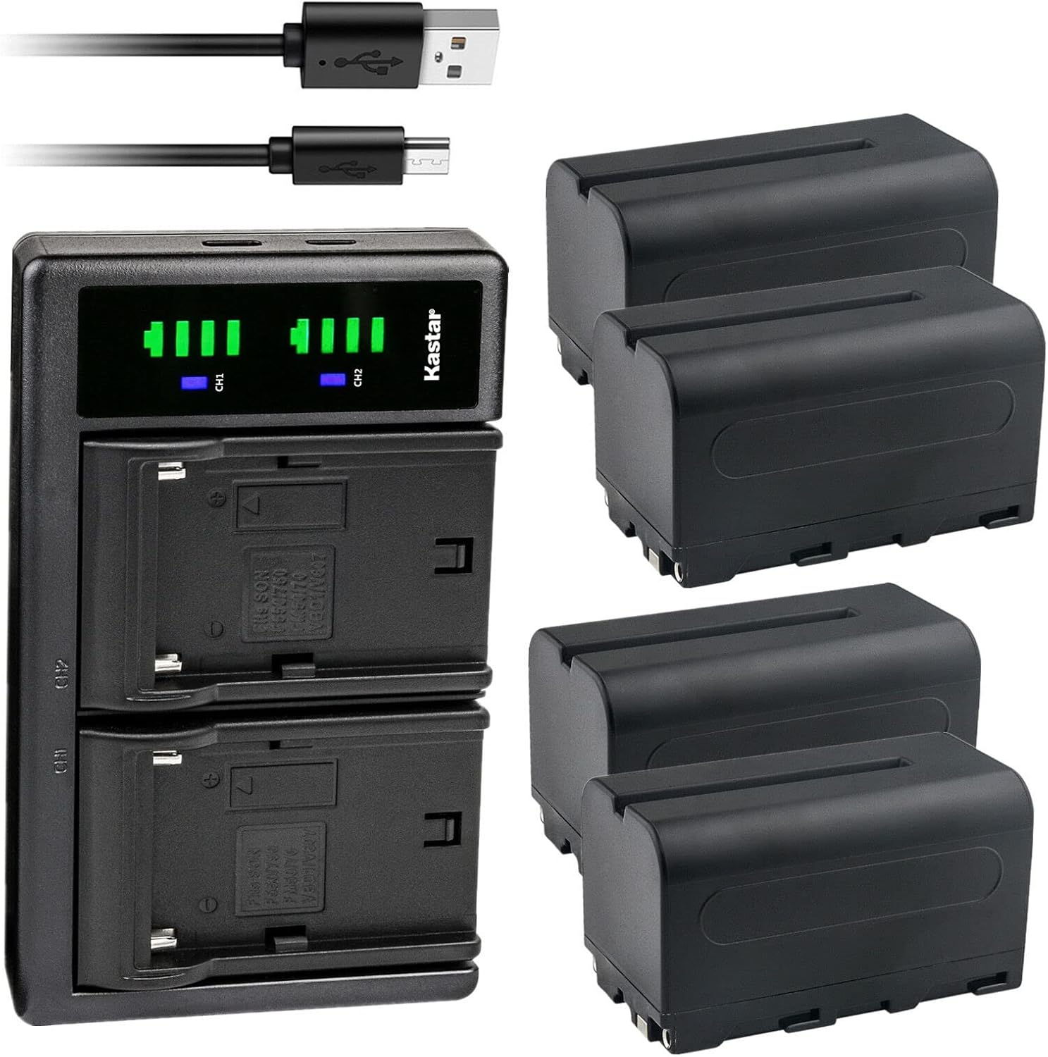 Kastar 4-Pack NP-F750 / NP-F770 Battery and LTD2 USB Charger Compatible with Genaray LED-7100T 312, Ultra-Thin Bicolor 288 SMD, Savage Luminous Pro Camera Bi-Color, Amaran P60c RGBWW LED Video Light