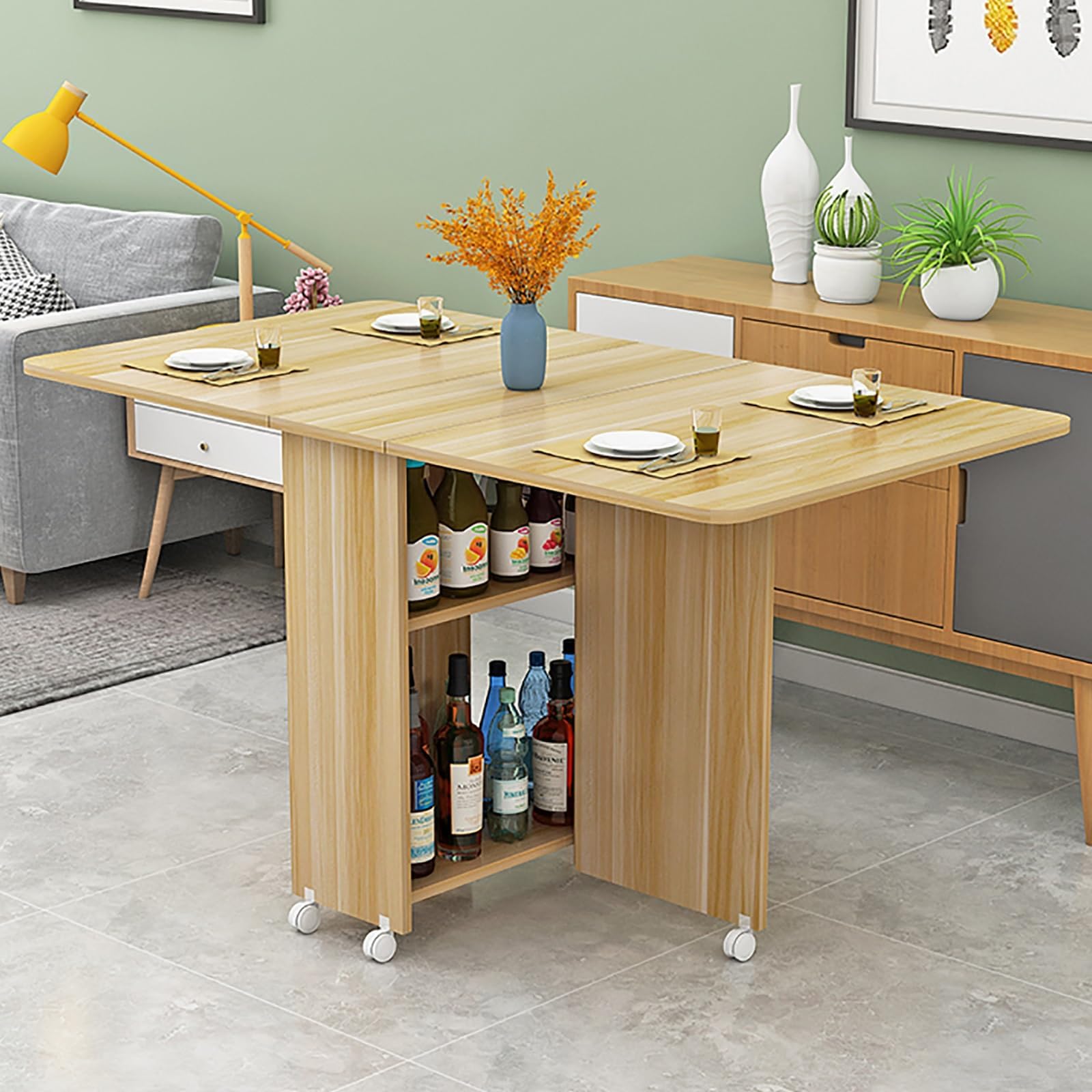 Folding Dining Table on Casters Retractable Dining Table Extendable Dining Table Seats 4-6 Movable Extendable Kitchen Table Kitchen Table Dining Table gateleg Table Space Saving (Color : E, Size : L