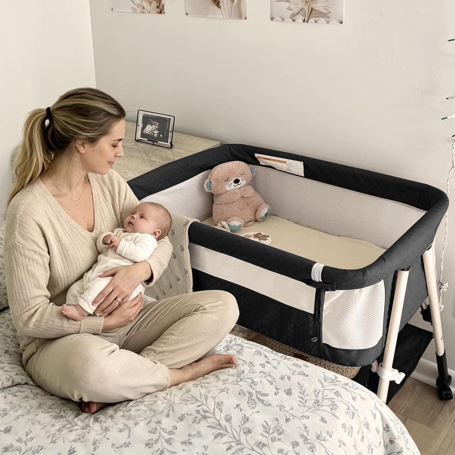 Baby Bassinet, 3-in-1 Baby Bassinets Bedside Sleeper for Newborn with Breathable Mesh, Portable Baby Crib with 4- Adjustable Height, Mattress, Storage Basket & Lockable Wheels, CPSC Black