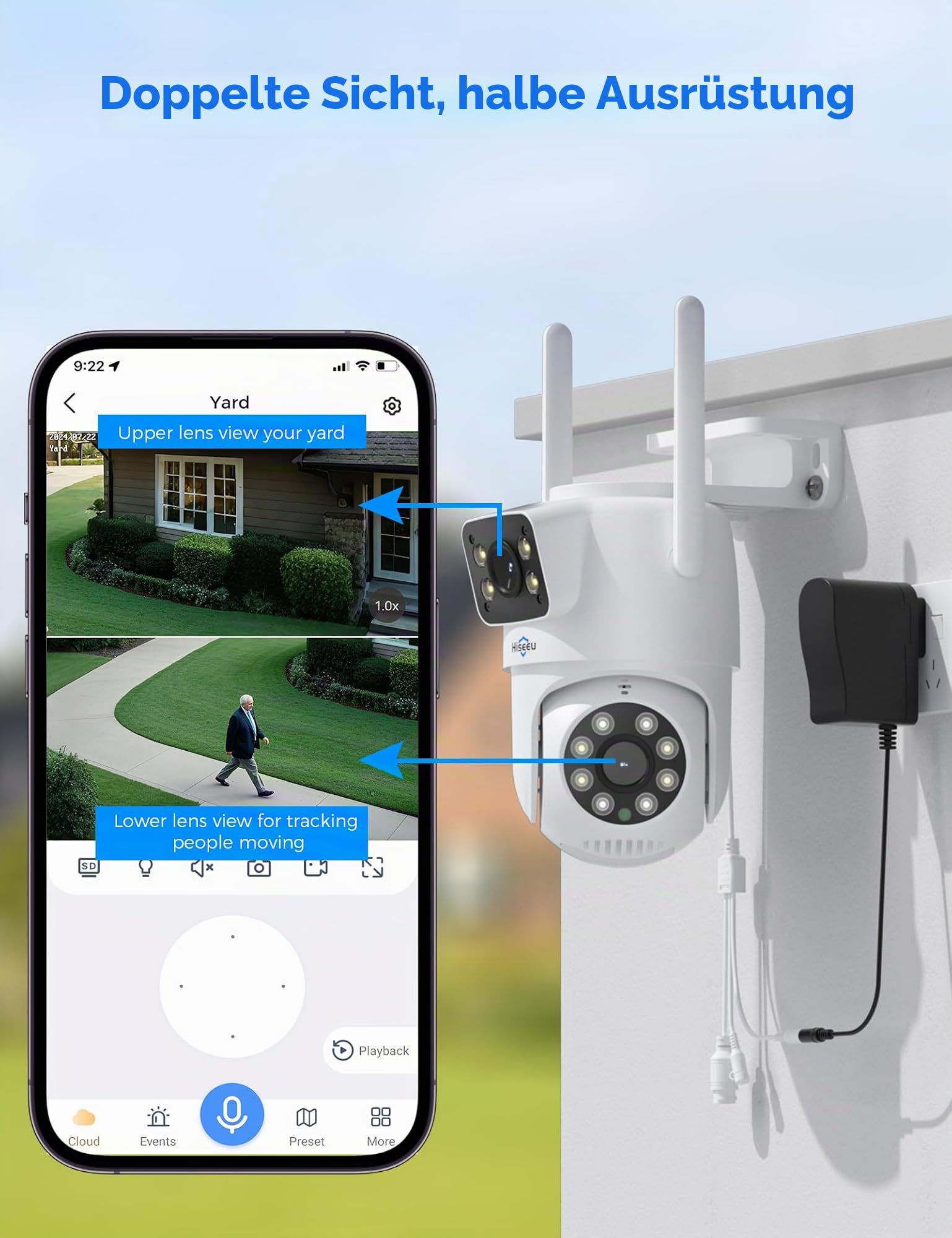 Hiseeu 3MP Dual-Objektiv Überwachungskamera Aussen WLAN,2,4G/5G Dual-Ansicht PTZ kabellos Kamera Outdoor,360° Schwenkbar Personenerkennung mit Automatische Verfolgung,Farbnachtsicht,IP66