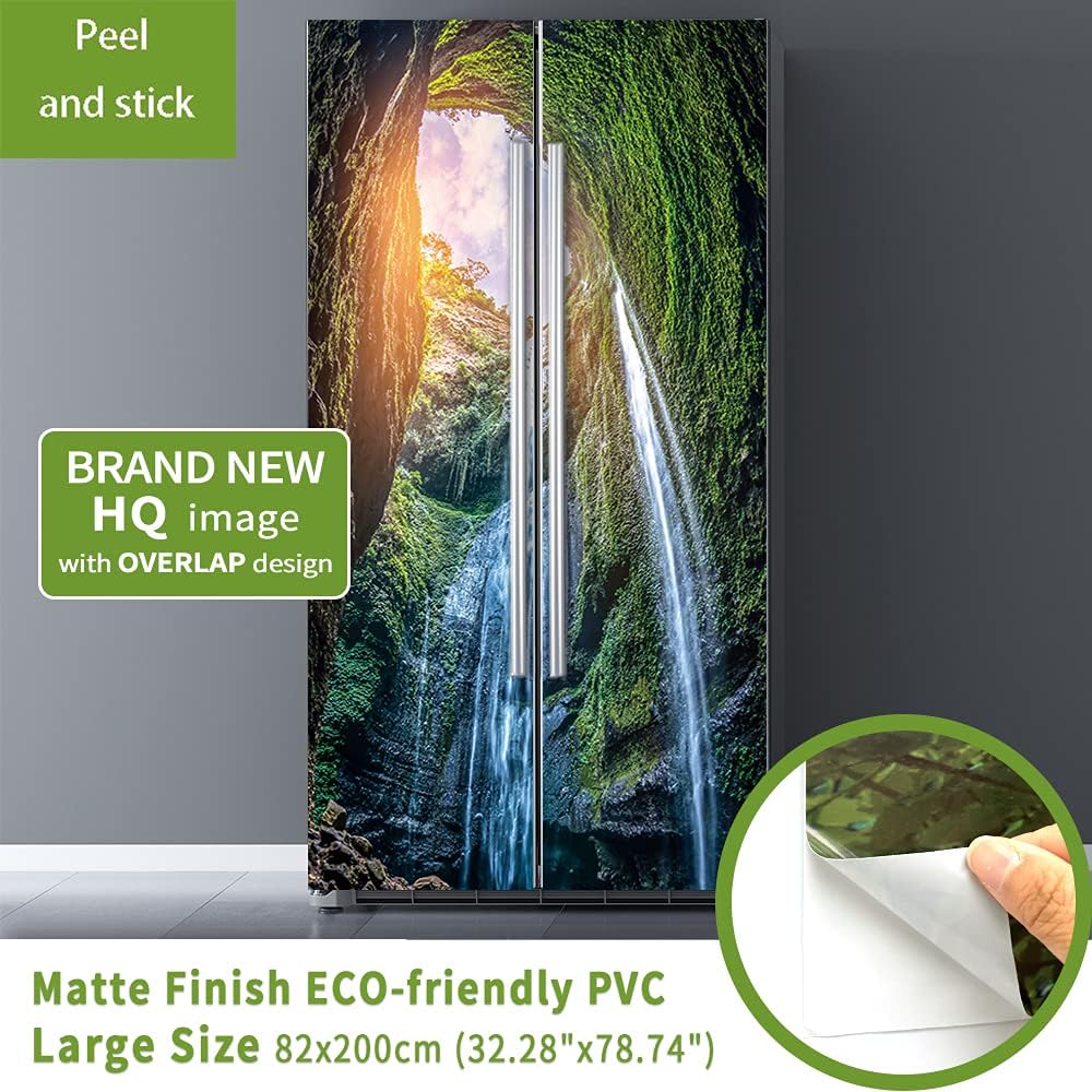 Nature Art Self Stick Vinyl Door Mural Sticker, Peel and Stick Removable Refrigerator Wrap Decal, Kiva Waterfall, 32.3x78.7, 2 Pcs Set