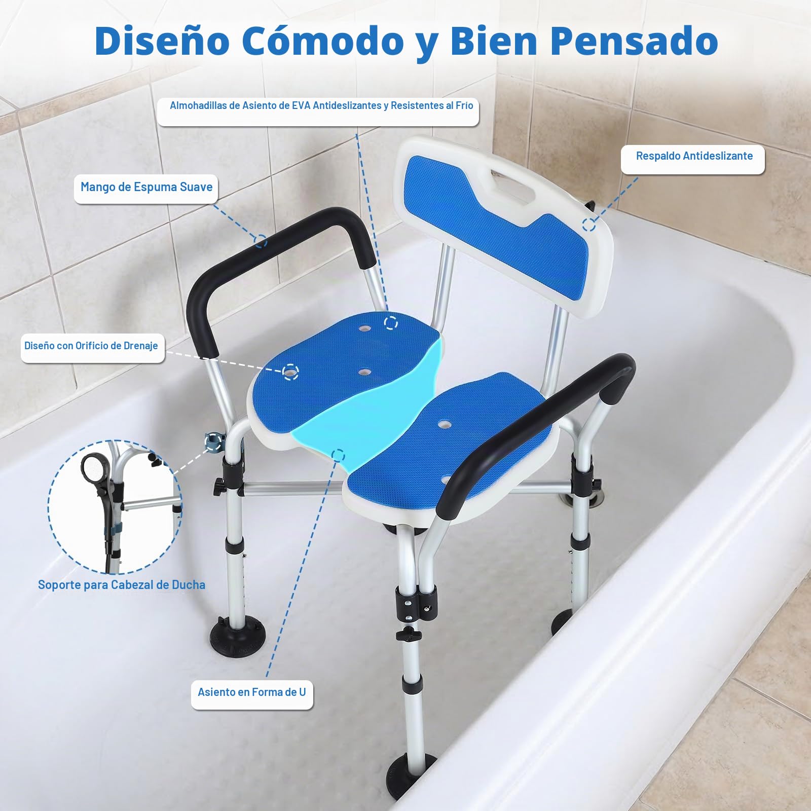 Silla de Ducha en U, Taburete de Ducha Ajustable de 5 Niveles con Ventosas, Silla de Baño de Capacidad de 150kg con Asiento en Forma, Banco de Ducha para Adultos Discapacitados y Mujeres Embarazadas