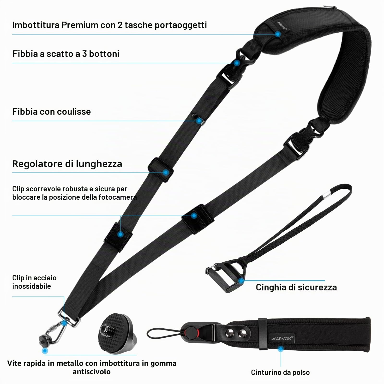 Arvok Tracolla Macchina Fotografica, Set di Tracolla Fotocamera e Cinturino da Polso, Cinghie per Fotocamera con Sgancio Rapido e Cordino di Sicurezza, Regolabile Tracolla per DSLR/SLR Fotocamera