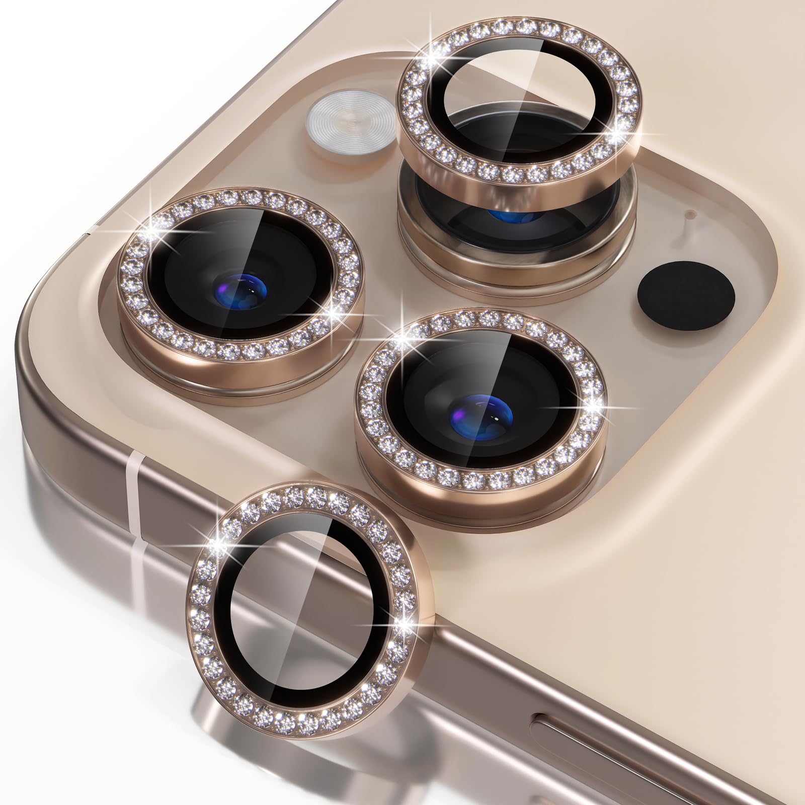 Misea Protector de lente de cámara compatible con iPhone 16 Pro/iPhone 16 Pro Max, protector de pantalla de vidrio templado 9H, accesorios de anillo individual de metal, diamante de titanio desierto