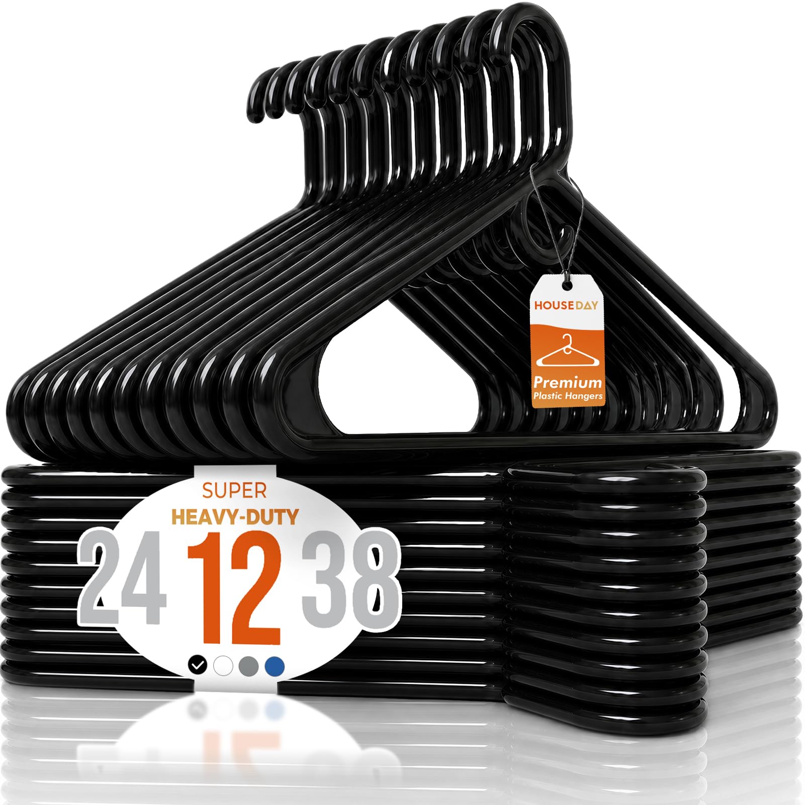 HOUSE DAY Grucce appendiabiti in plastica di alta qualità, confezione da 12, super resistenti, capacità 9,1 kg, resistenti, colore nero, per vestiti da adulti, resistenti per cappotti, giacche, jeans