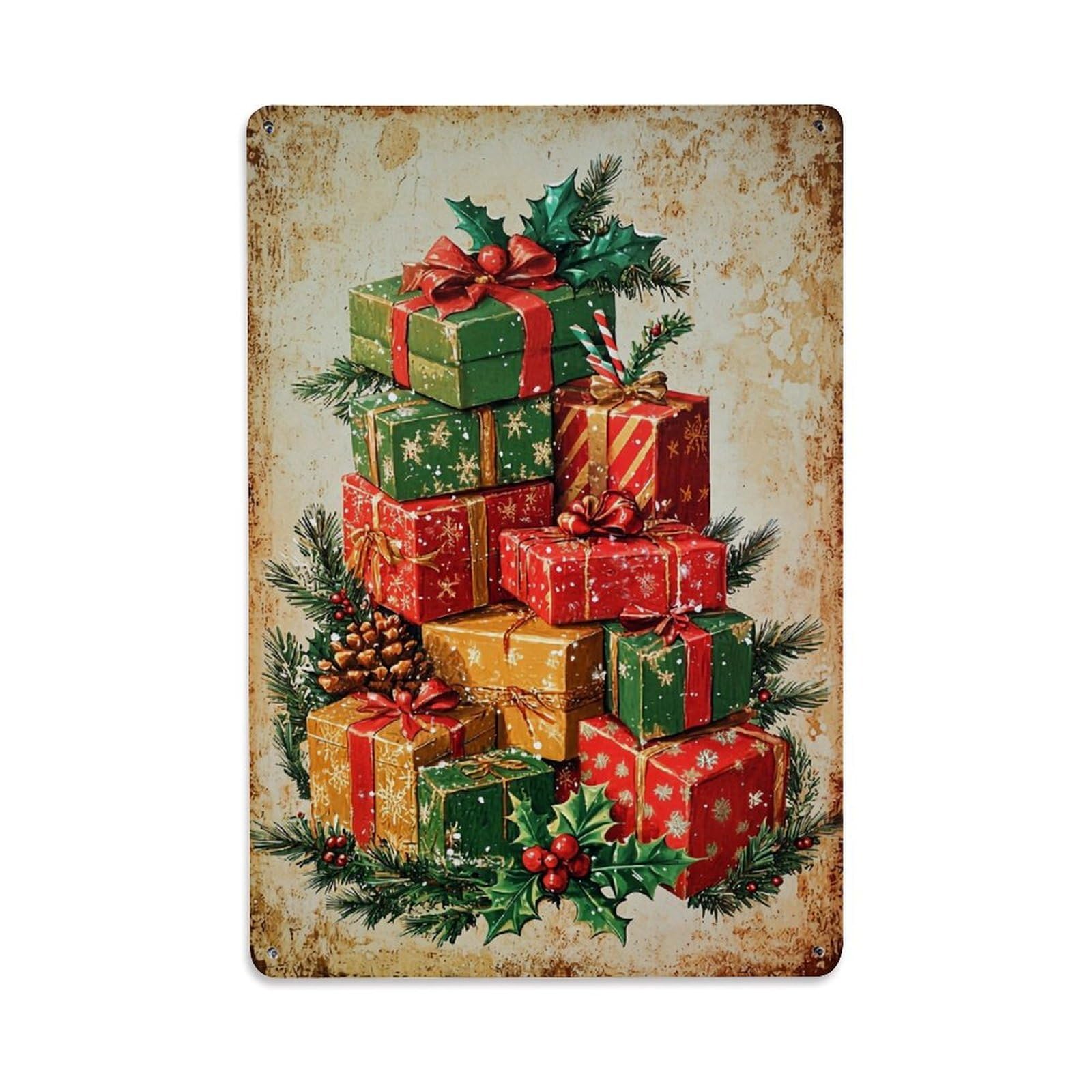 Jdfenggu Vintage Christmas Gift Box Stack Pattern Retro Metal Tin Sign, Decor Art Poster For Bar, Home, Man Cave, Kitchen, Laundry Room Gift 8X12inch