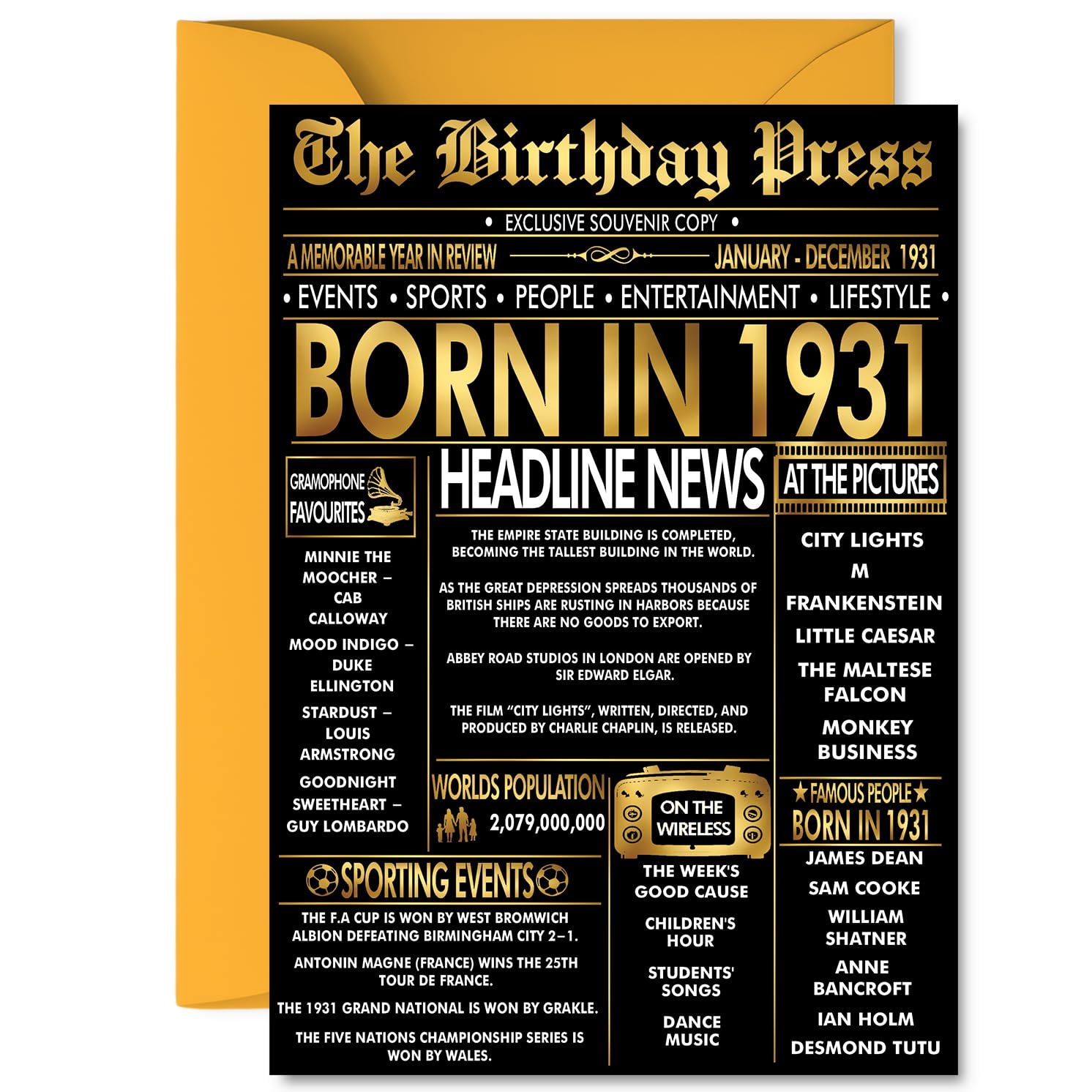 Gold 95th Birthday Card for Men Women - Black & Golden Newspaper Born in 1931 - Happy 95 Birthday Cards for Nan Husband Auntie Grandma Grandad Uncle, A5 Bday Greeting Cards