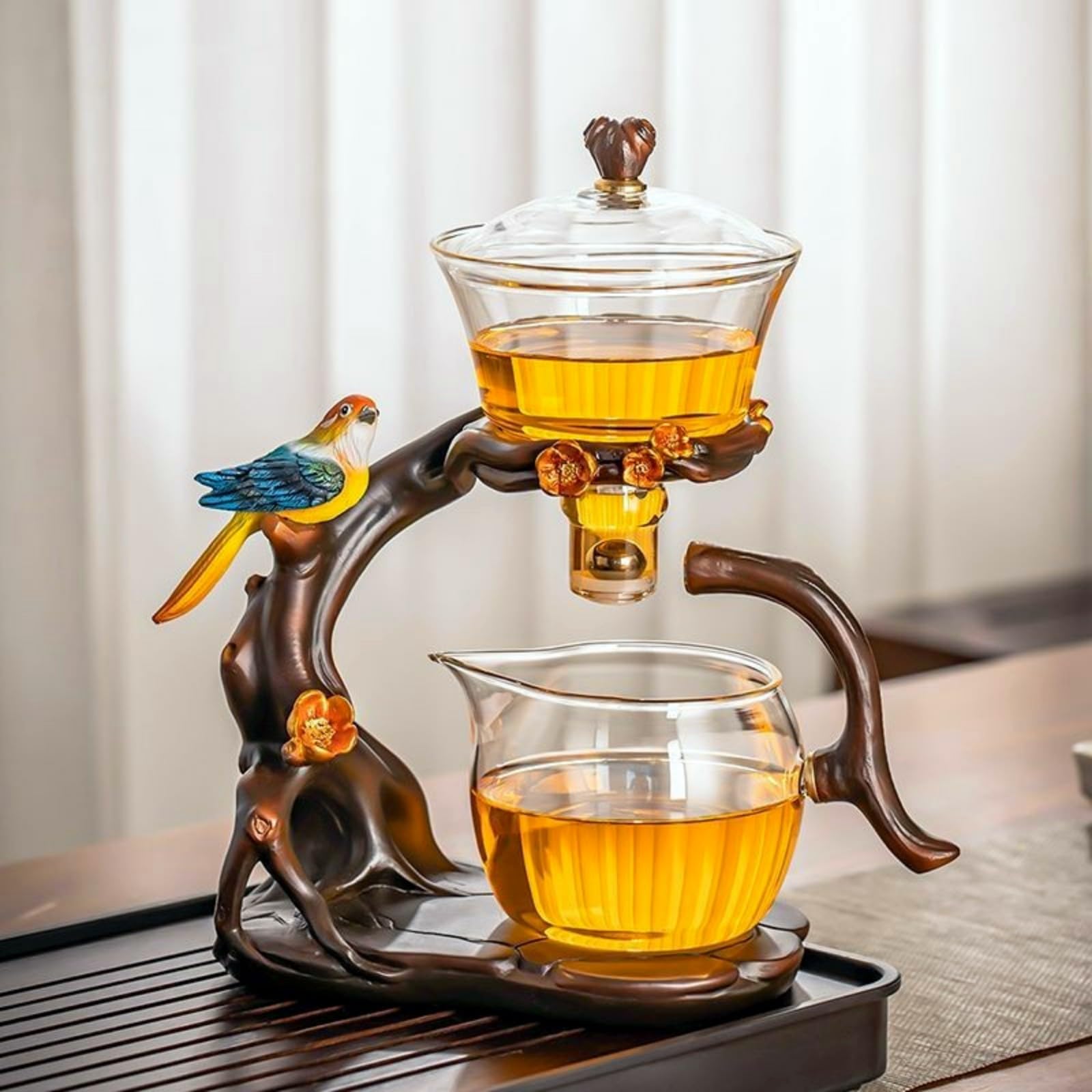 Fire Kirin Lazy Kungfu Glass Tea Set Semi Automatic Glass Teapot Set Drip Rotating with Infuser Heat-resistant Tea Pot (Transparent, Teapot(only))