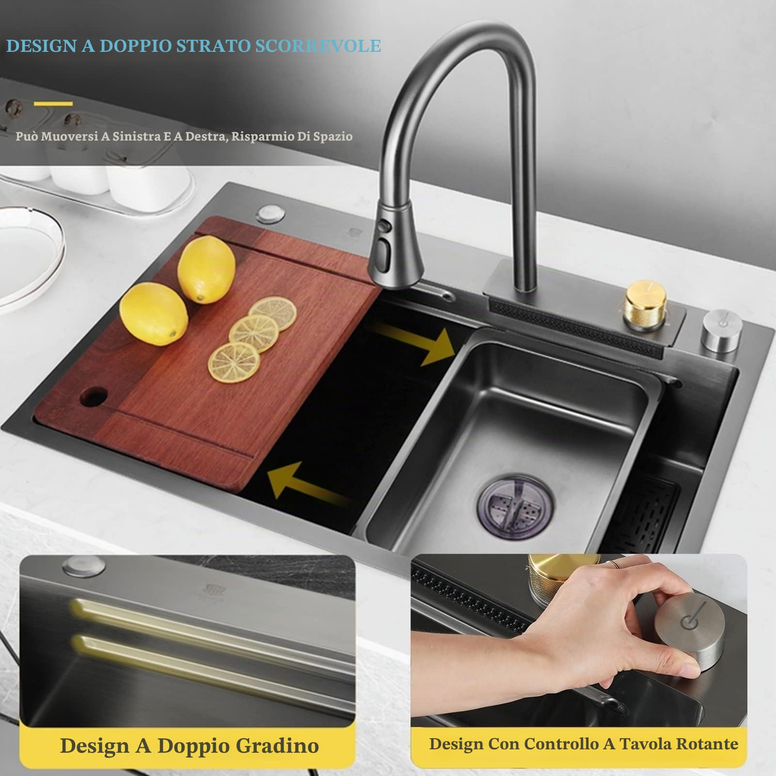 Lavello Cucina 80x45 cm con Effetto Cascat,Lavello Moderno e Multifunzionale Workstation,Lavello in Acciaio Inox 1 Vasca con Rubinetto,Tagliere,Bacino di Scolatura,Dispenser Sapone e Lavabicchieri