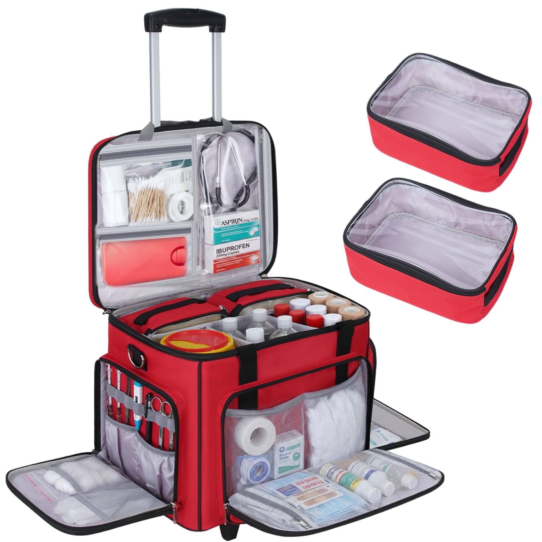 Borsa medica arrotolabile con carrello staccabile, borsa da infermiera con divisori rimovibili e sacchetti di stoccaggio, borsa per primo soccorso vuota per infermieri, medici, ambulatori, rossa