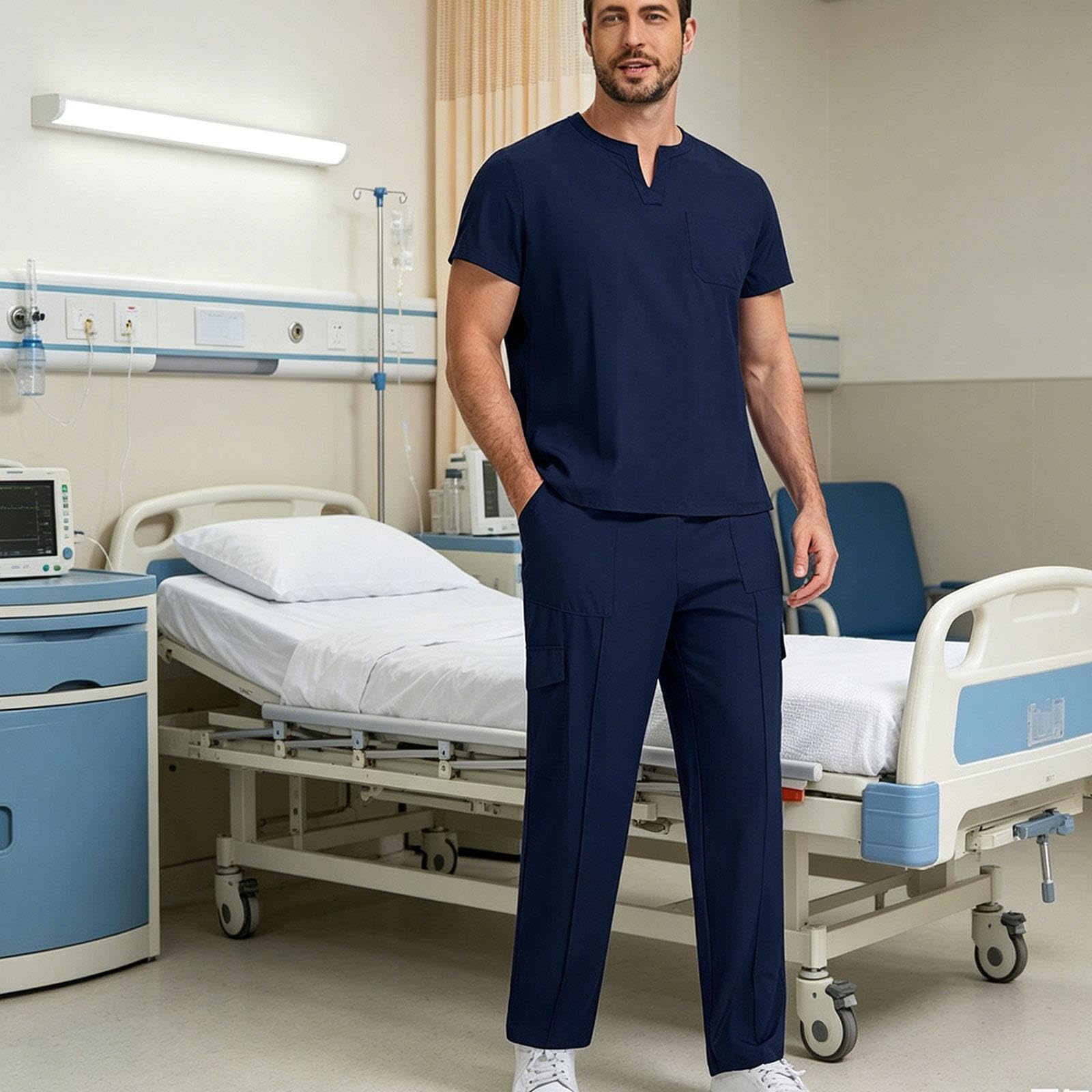 OP Kleidung für Pflegekräfte, Komplettes Set Aus Hemd Und Hose, Herren, Weiches Stretchmaterial mit Verstellbarem Bund, Maschinenwaschbar, Geeignet Fü, Dunkelblau, L