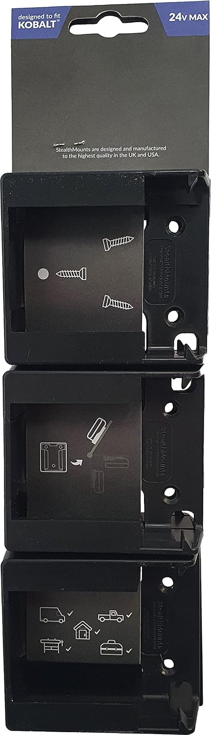 StealthMounts Battery Mounts Compatible with Kobalt 24V Batteries – 6 Pack - Black - Wall & Undershelf Battery Holders for Cordless Power Tool Storage – Garage, Workshop & Van Organiser – Made in UK