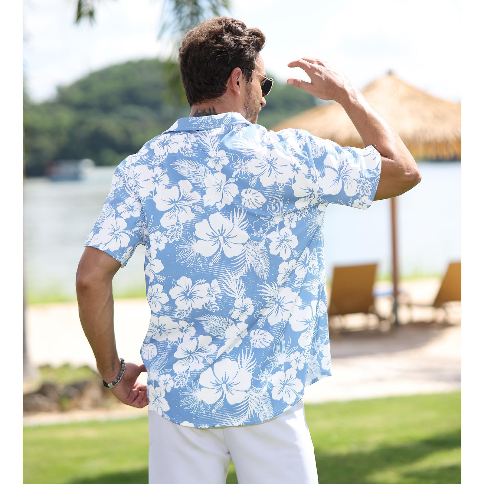 Chemise Hawaienne Homme a Fleur Manches Courtes Ete Festival Chemisette Col V Leger Boutons Tenue M-3XL