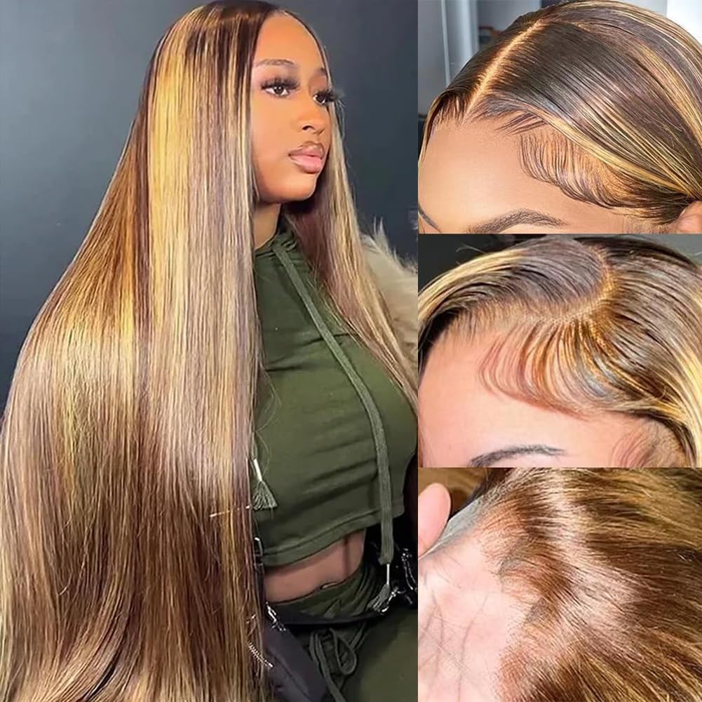 KORENGI Lace Front Wigs Human Hair Pre Plucked HD Transparent Lace Frontal Wig Bralizian Virgin Human Hair Tiny Knots Natural Hairline with Baby Hair (4/27 Highlight, 22 Inch)