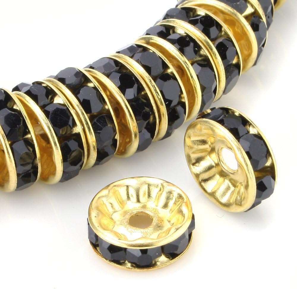RUBYCA 100pcs Round Rondelle Spacer Bead Gold Tone 8mm Jet Black Czech Crystal