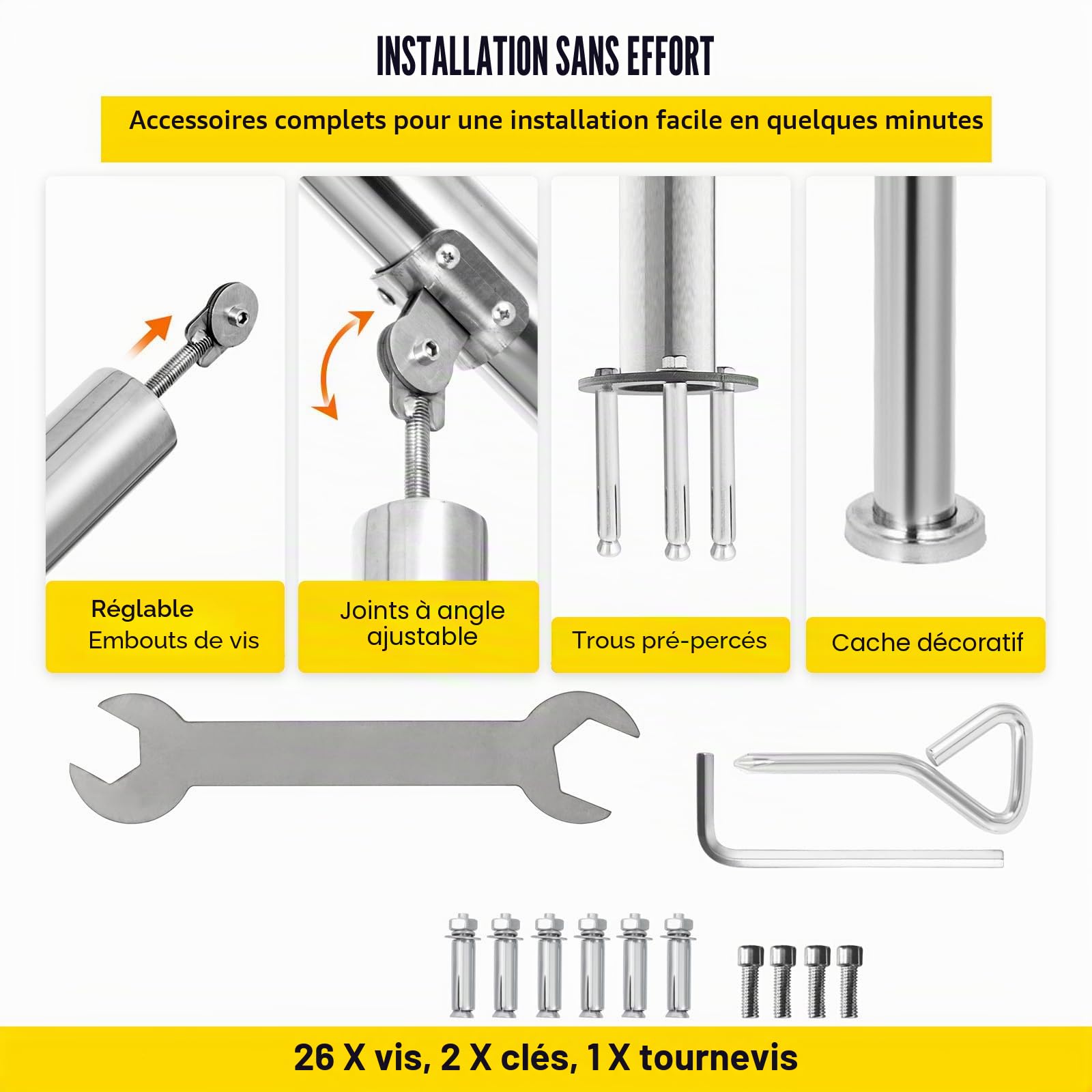 Happybuy Rampe de transition à 3 marches en acier inoxydable pour surface plane et 1 à 3 marches réglables pour escalier intérieur ou extérieur Capacité 100 kg Avec kit d'installation