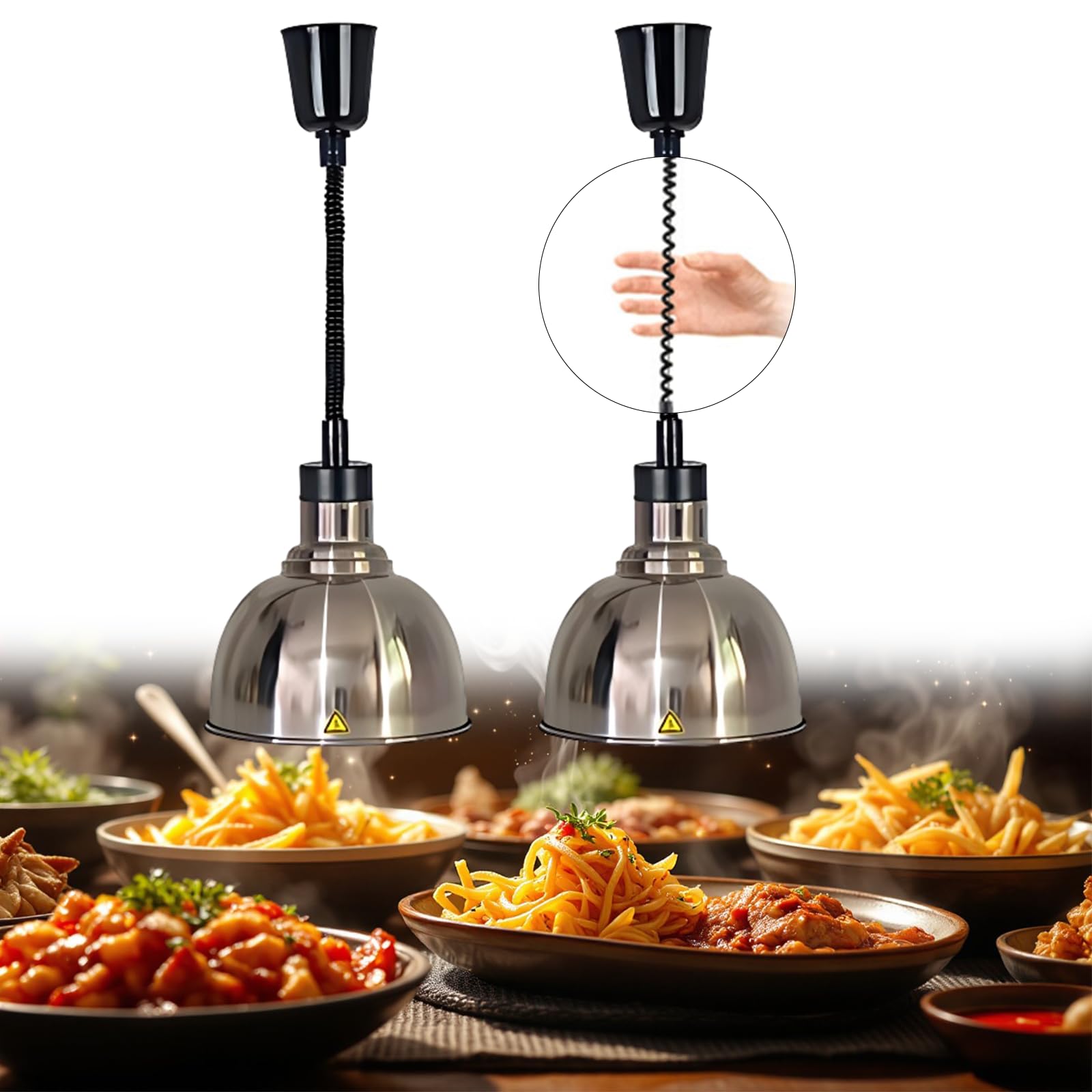 Lampada Riscaldante Cucina, 250W Lampada Riscaldante per Alimenti Regolabile, Lampada Scaldavivande Ristorante Sospeso 19 cm/25 cm per Ristoranti, Hotel (Acciaio inossidabile-25cm,2 Pezzi)