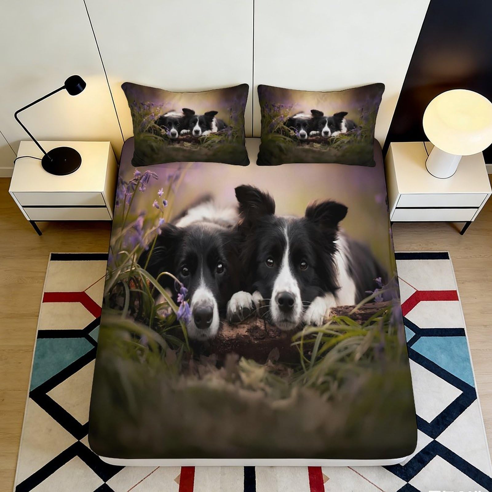 3D Printed Border Collie Fitted Sheet Microfiber Soft Breathable Meadow Bed Cover for Bedroom Guest Room Decor 90x200x25cm