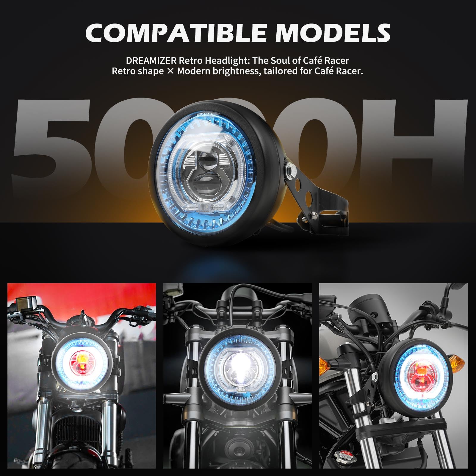 DREAMIZER 5,75 Zoll Motorrad Scheinwerfer-LED mit Halterungen, Universelles Wasserdichtes Motorrad Scheinwerferlicht Kompatibel mit Harley Yamaha Honda Cafe Racer Bobber Chopper