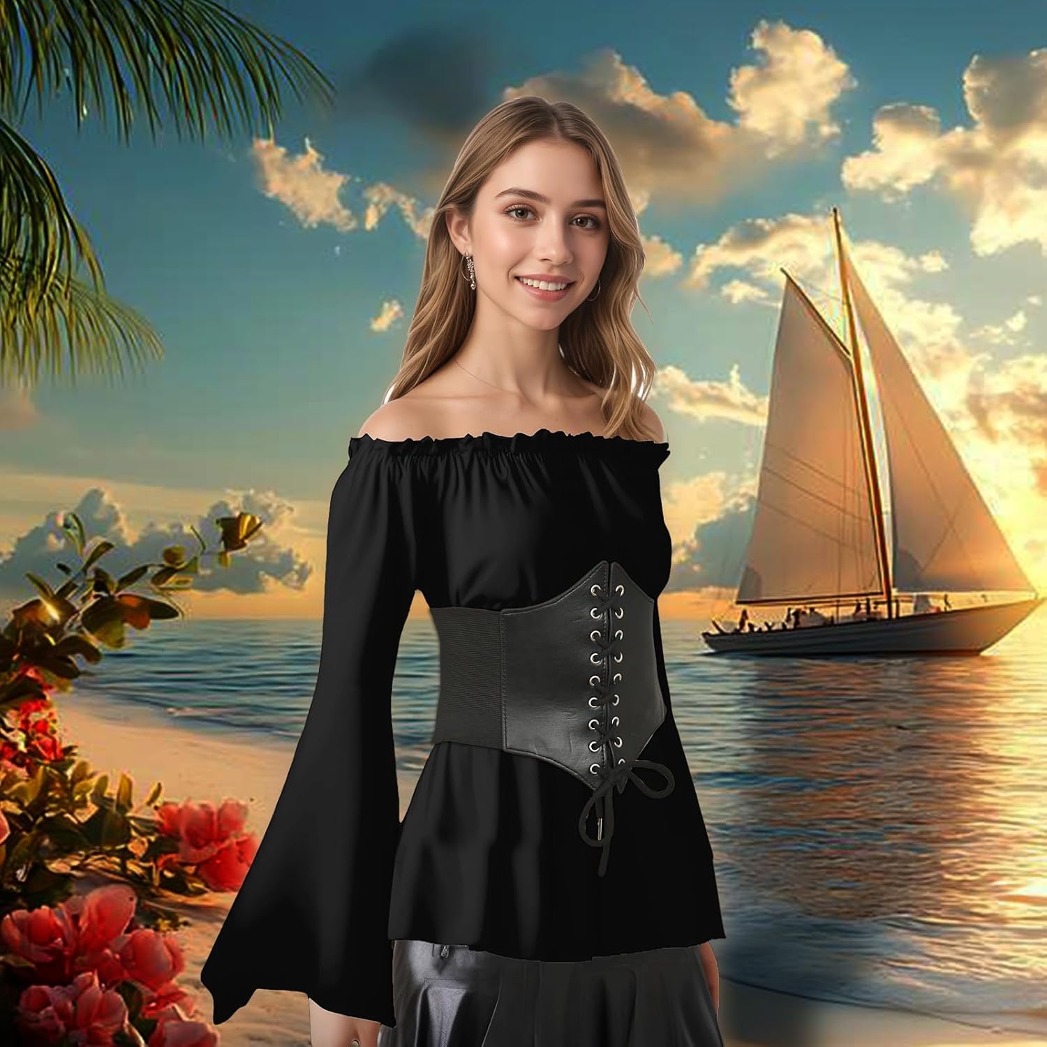 Women's Pirate Costumes Blouse Top Corset Waist Belt, Renaissance Medieval Top Costume, Off Shoulder Pirate Shirt - Image 2