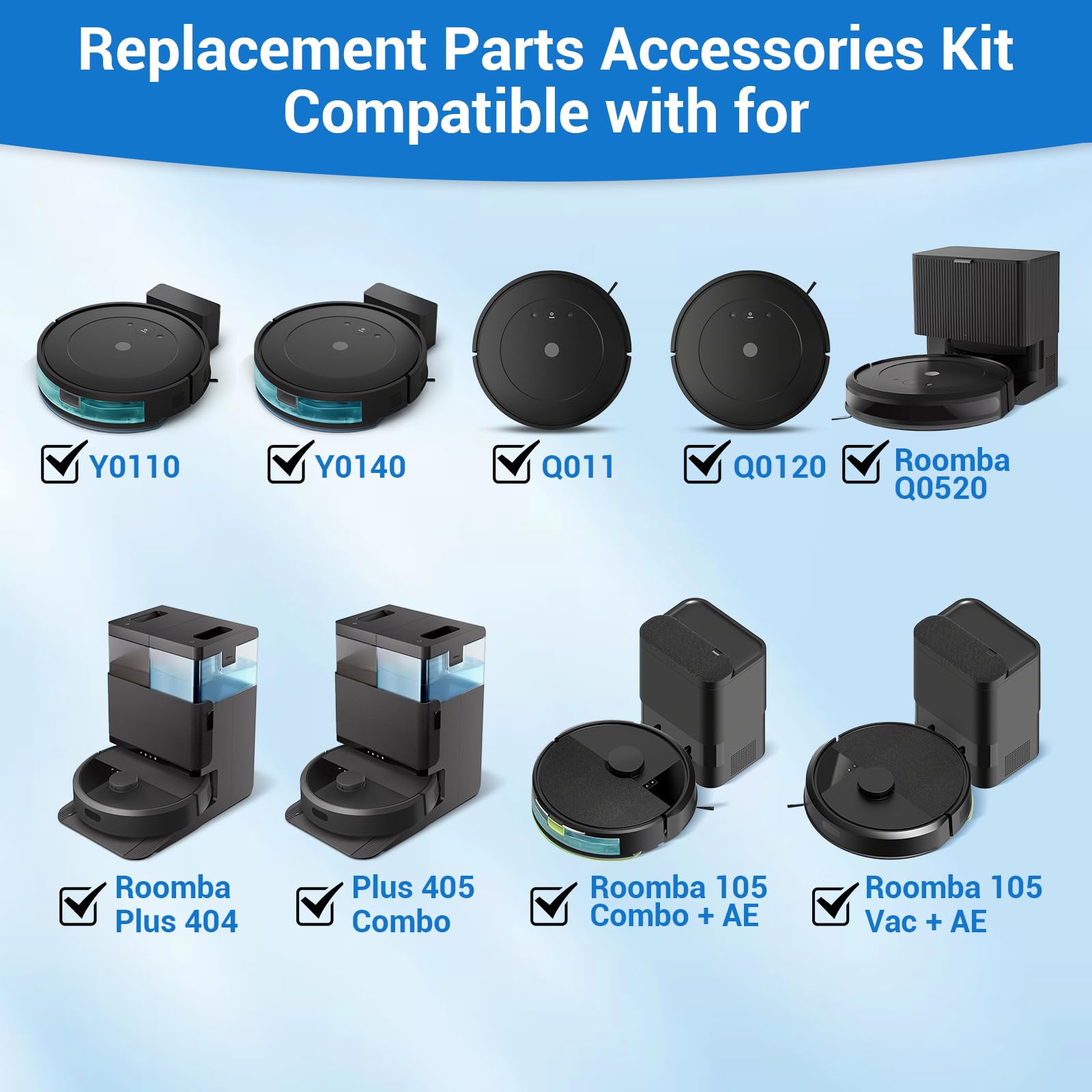 BUXEBUX 12Pcs Replacement Parts for iRobot Roomba 105 Vac, 105 Combo, Plus 405/404 Combo, Q011, Q0120, Q0520, Y0110, Y0140 Essential Series Robot Vacuum Accessories Kit