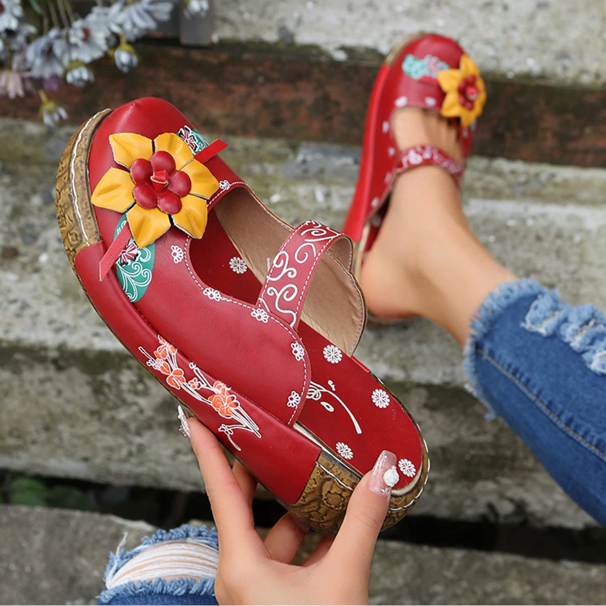 Sabots Femme Sandales Chaussures Compensées Clogs Mules Plateforme Sandales en Cuir Été Fille Vintage Pantoufles Chaussures Confort pour Pieds Larges