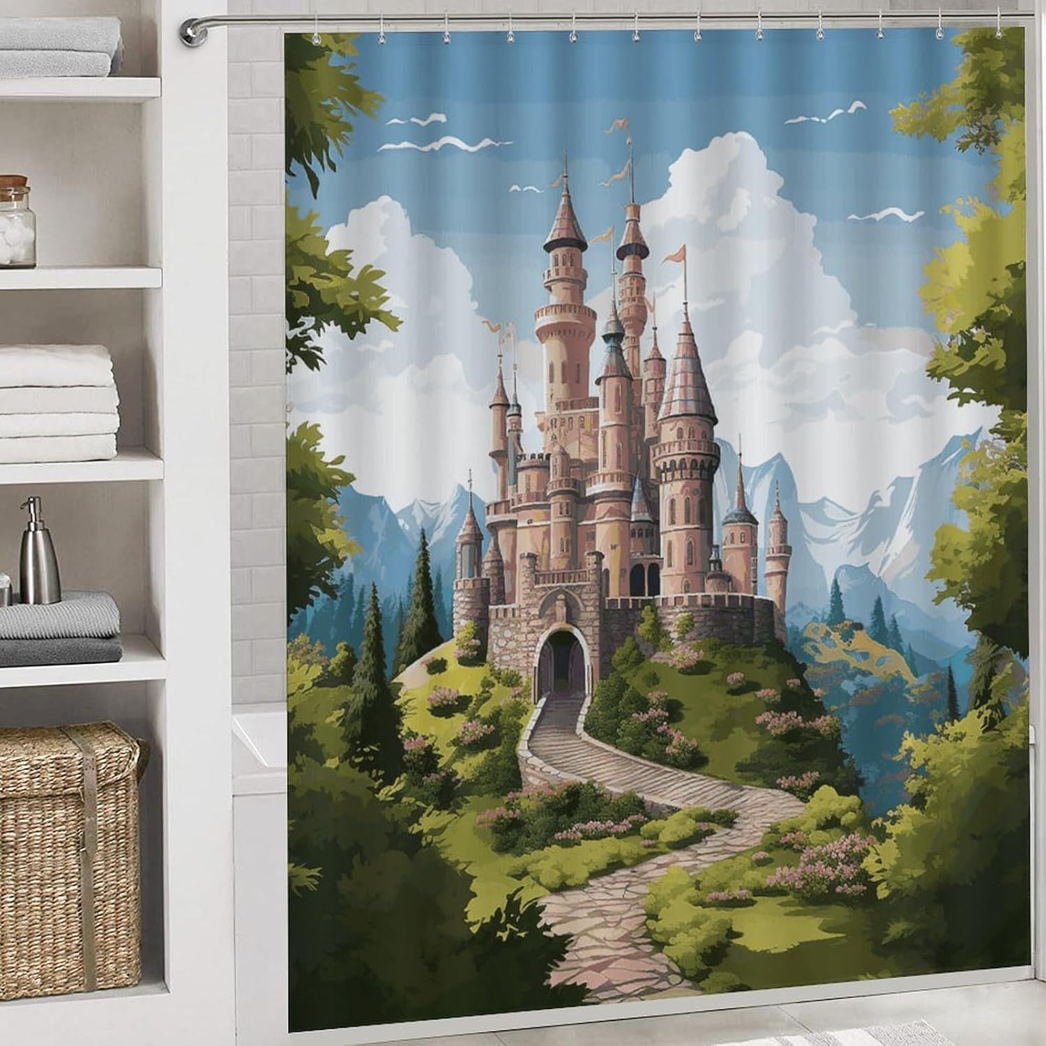Fairy Tale Castle 4Pcs Shower Curtain Set with Non-Slip Rugs, Toilet Lid Cover and Bath Mat,Bathroom Set Decor Accessories,Curtain Set with 12 Hooks, 72 X 72 Inch