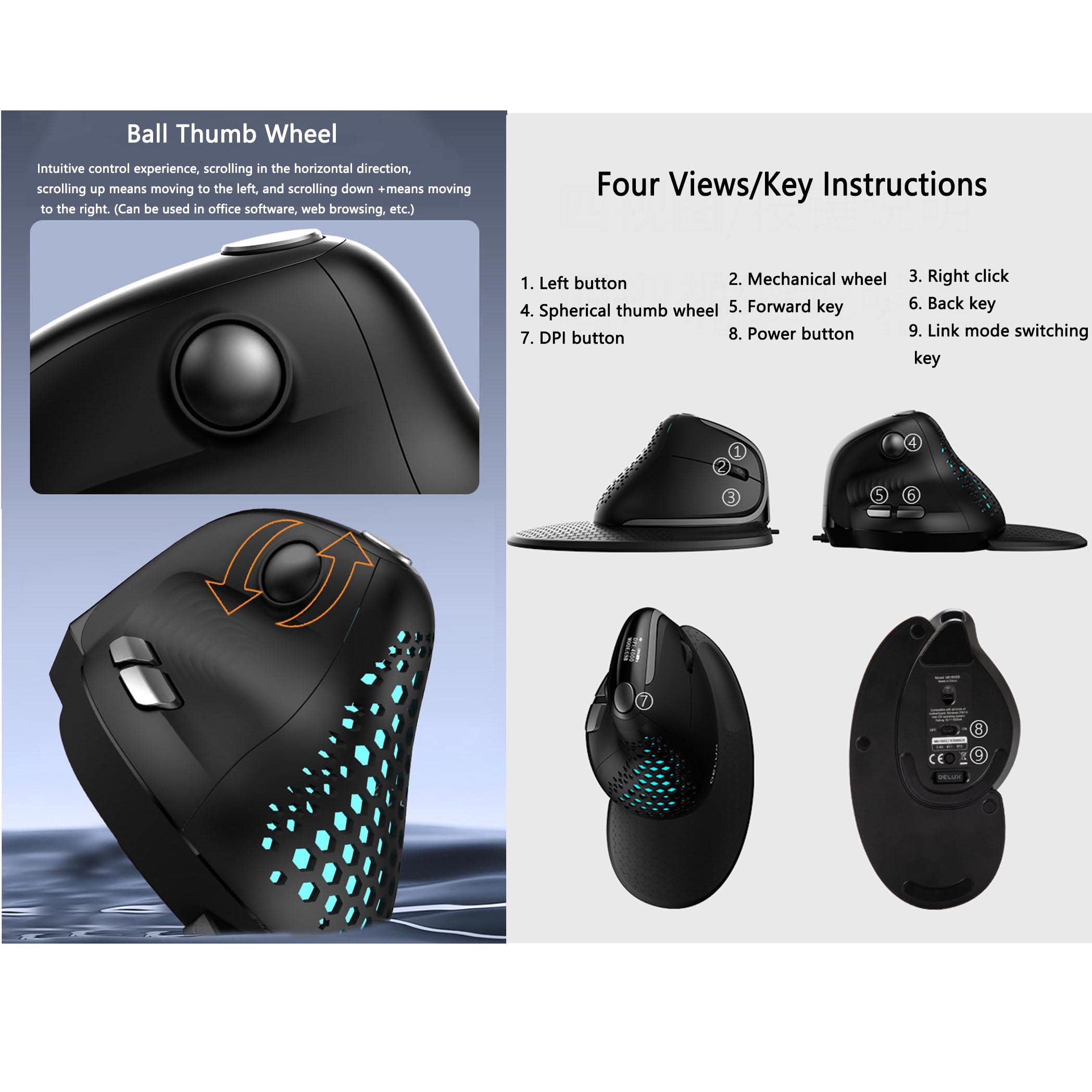 Mouse wireless per computer portatile, USB Bluetooth ricaricabile, design ergonomico verticale, 2,4 GHz, dispositivo di puntamento con rotella per pollice fotoelettrico