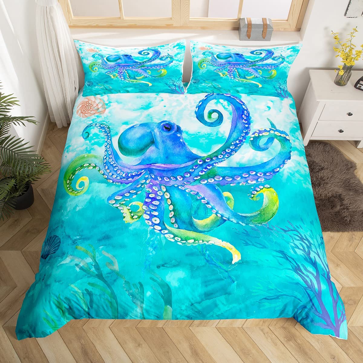 Homemissing Octopus Bedding Set Ocean Kraken Duvet Cover Tentacles Comforter Cover Ocean Marine Bedspread Cover Teal Blue Sea Animal Bedroom Decor Double Size With 2 Pillow Case