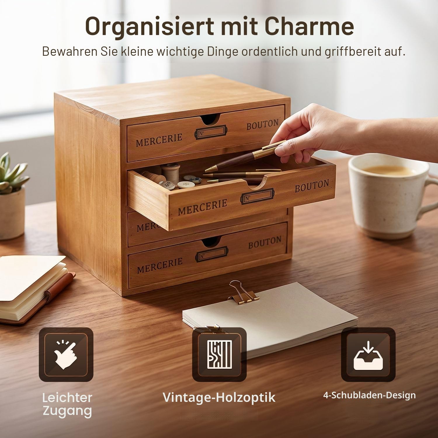 Flexzion Holz-Schreibtisch-Organizer mit 4 Schubladen, 4-stöckiger Holz-Tischschrank, Arbeitsplatte, Schreibtisch-Zubehörbox, für Zuhause, Arbeitsplatz, Theke, Kunsthandwerk, Werkzeugpost