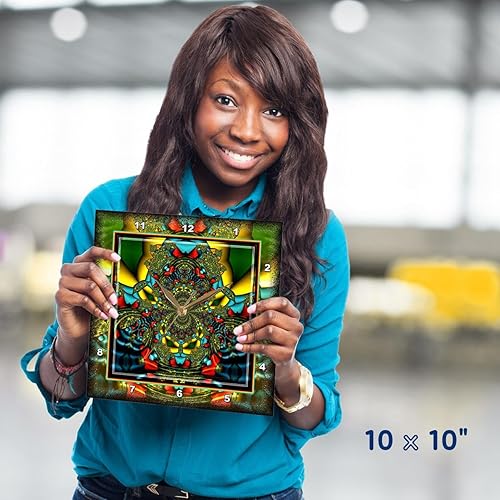 Miniatura 5 de 3dRose DPP_24841_1 Psychedellica 2 Hippie Flowerpower Retro Fractal Psicodélico Rojo Amarillo Azul Retro Oriental India-Reloj de pared, 10 x 10