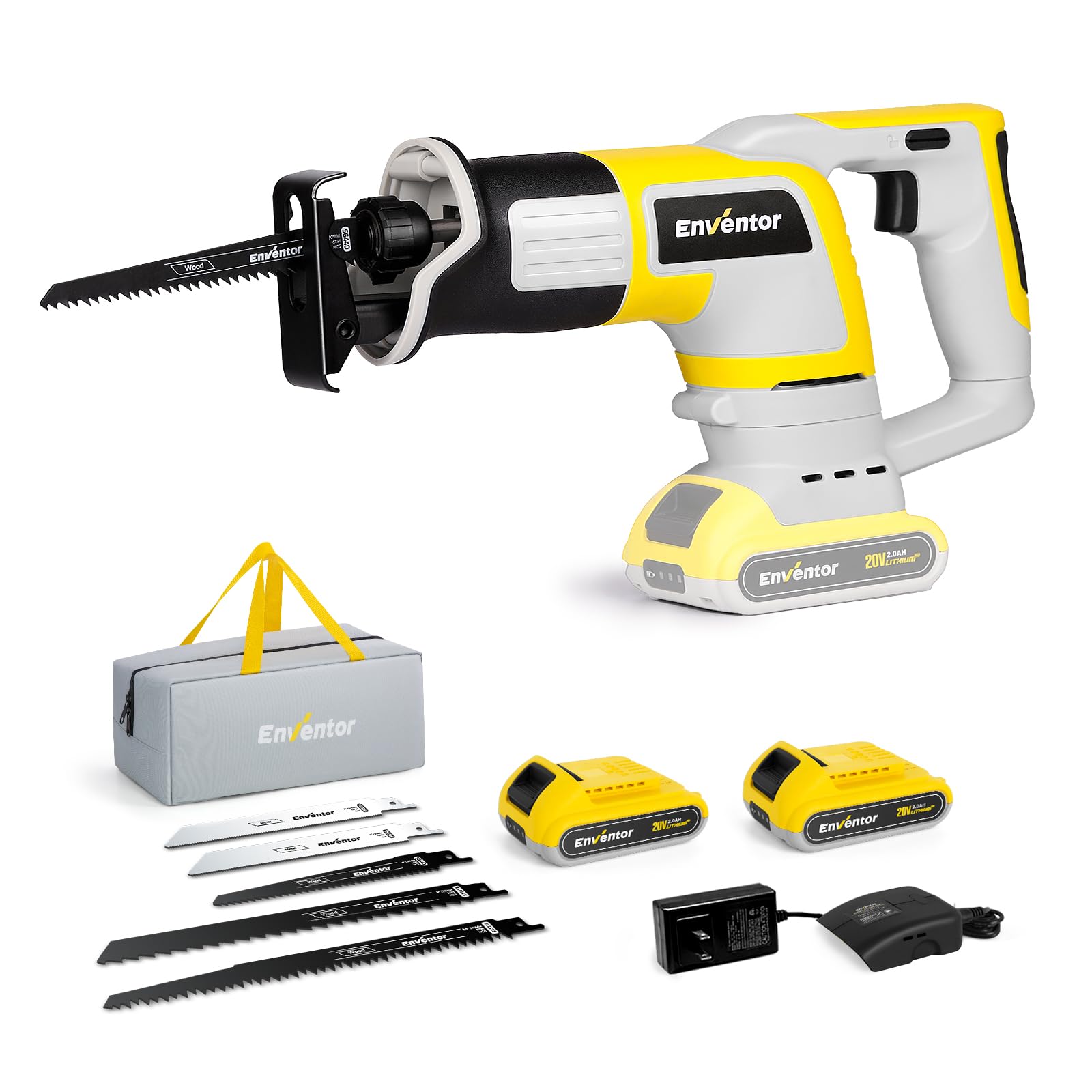 Enventor 20V Gattuccio a Batteria, Sega a Gattuccio con 2x2.0Ah Batterie, 5 Lame, Velocità Variabile 0-3000SPM, Taglio Massimo 115mm, Per il Taglio di Legno e Metallo