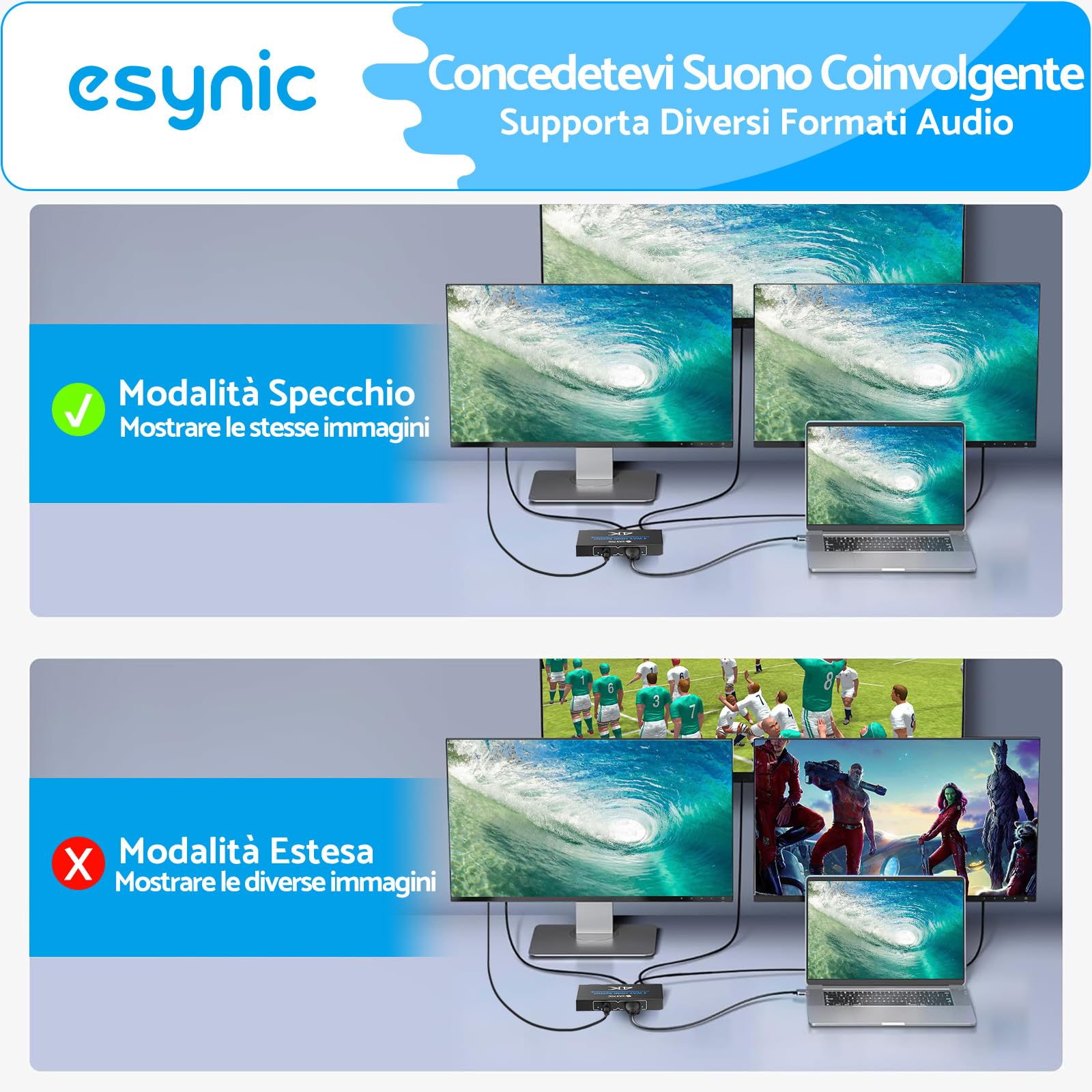 eSynic HDMI Splitter 1 In 4 Out 4K@30HZ 3D con 1m Cavo HDMI 4 Vie Splitter HDMI Supporta HDCP 1.4 Bypass 1X4 Splitter HDMI Involucro in Metallo per Fire Stick Console Blu-ray