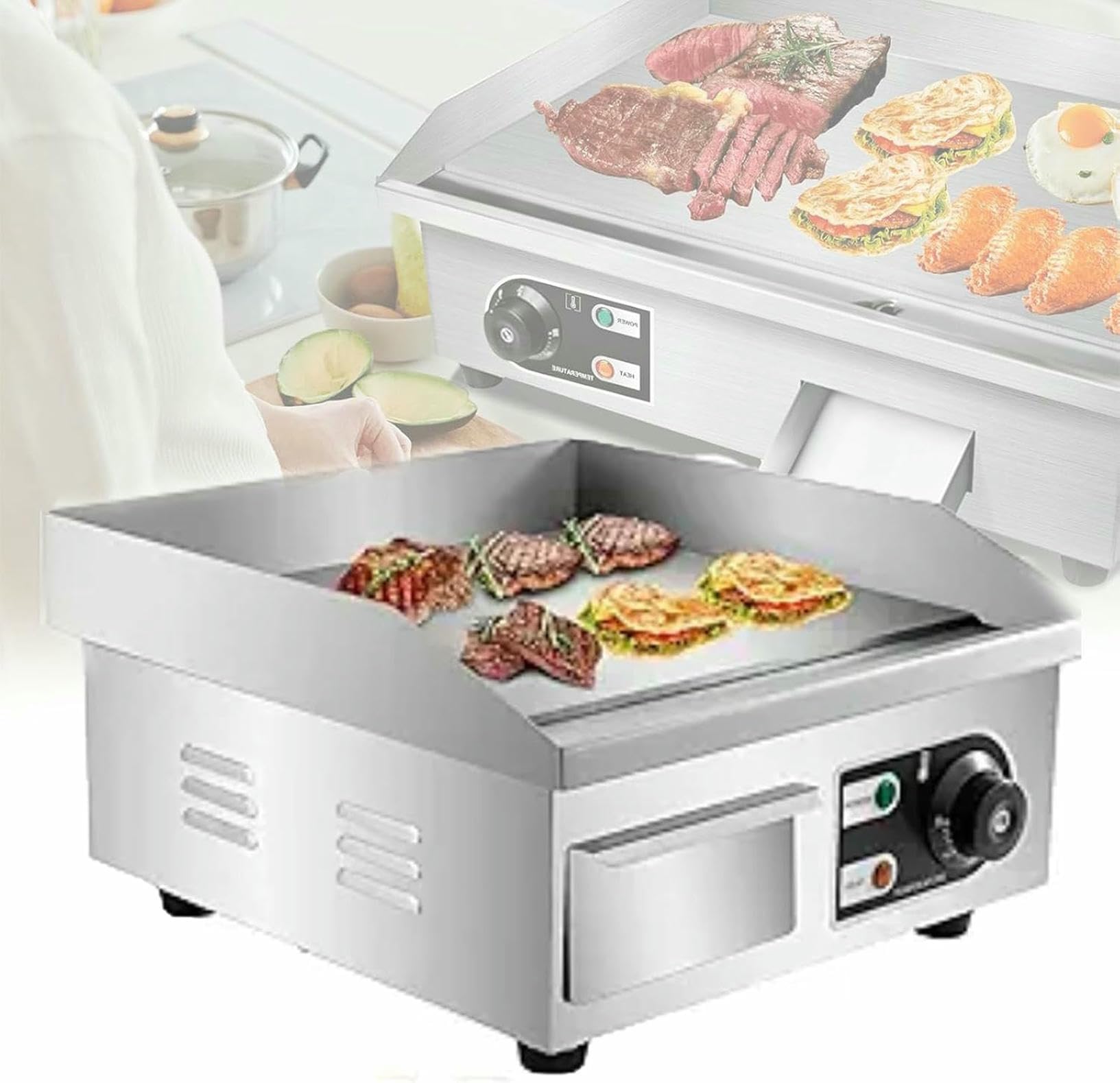Fhrka Electric Griddle, Commercial Countertop Griddle Hot Plate Non-Stick Stainless Steel Teppanyaki Grill,Evenly Heated For Camping Restaurant