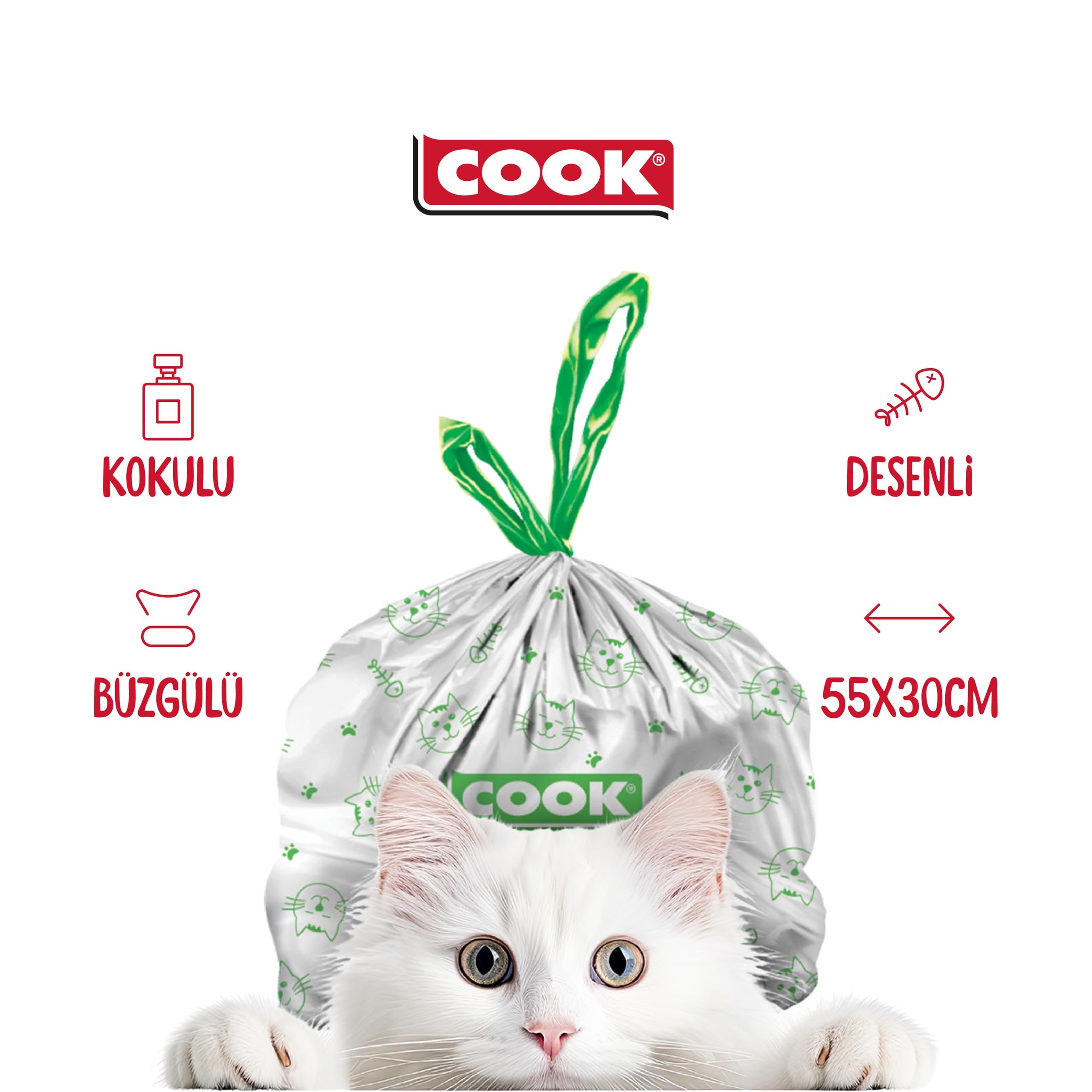 Cook Kedi Tuvaleti Büzgülü Çöp Torbası, 55 x 30 cm, 20 Yaprak, Sabun Kokulu, Beyaz