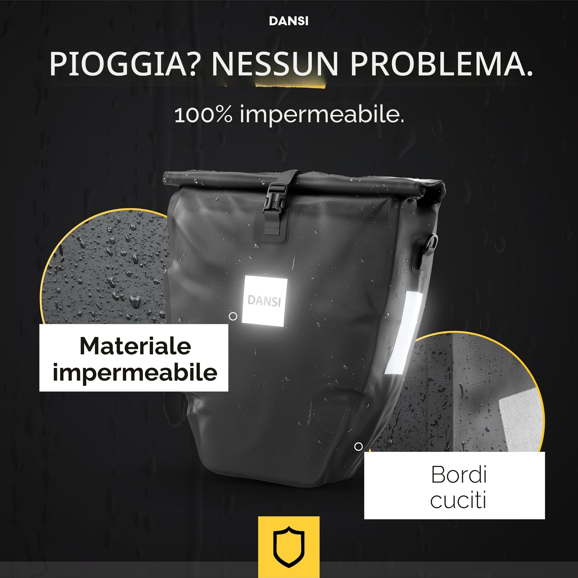 Dansi Borsa da bici 20L per portapacchi, con tracolla e maniglia, borsa da bici impermeabile al 100% con catarifrangenti e sistema a scatto, nera (set di 1)